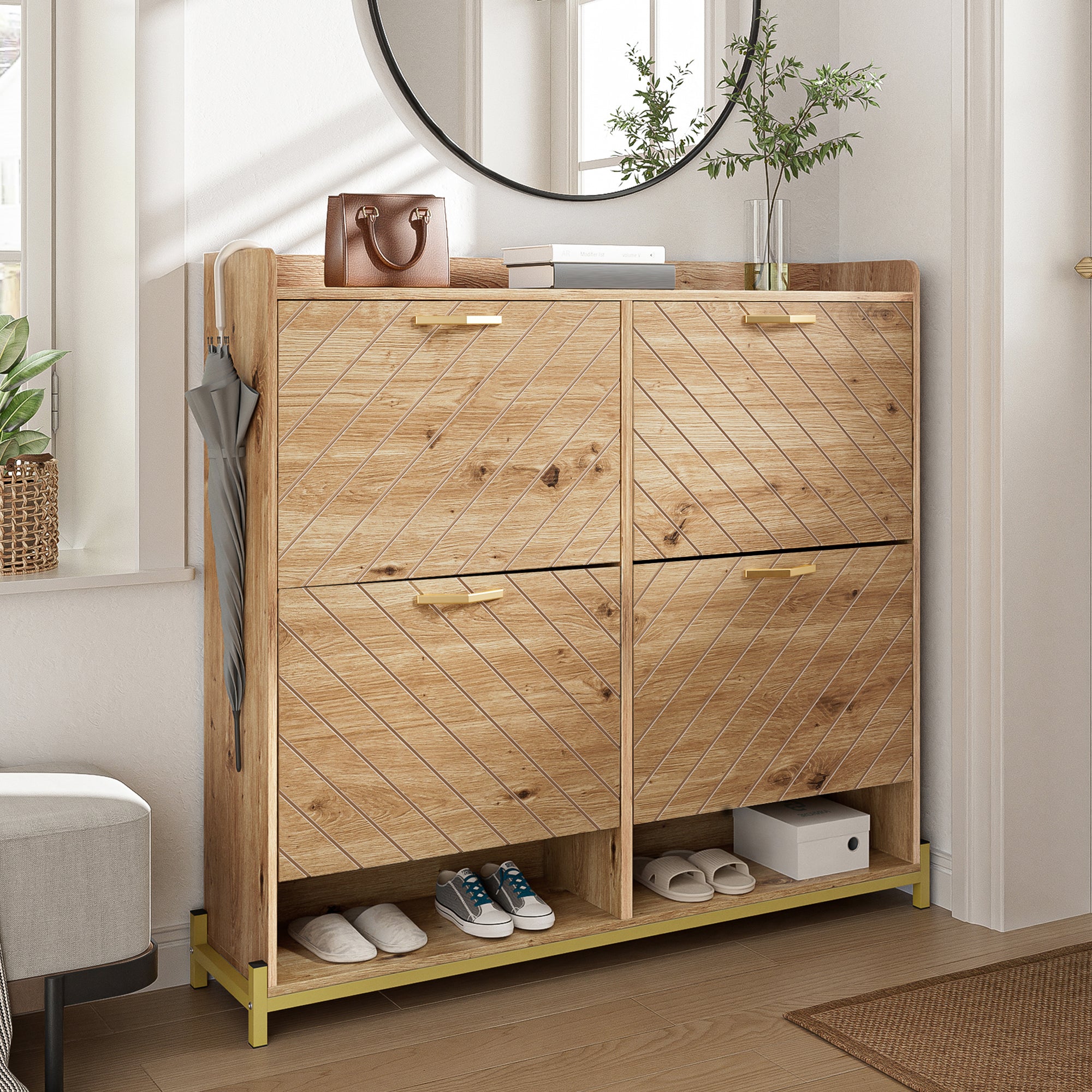 Modern Shoe Rack 4-Door Space-Saving Cabinet Wood Look