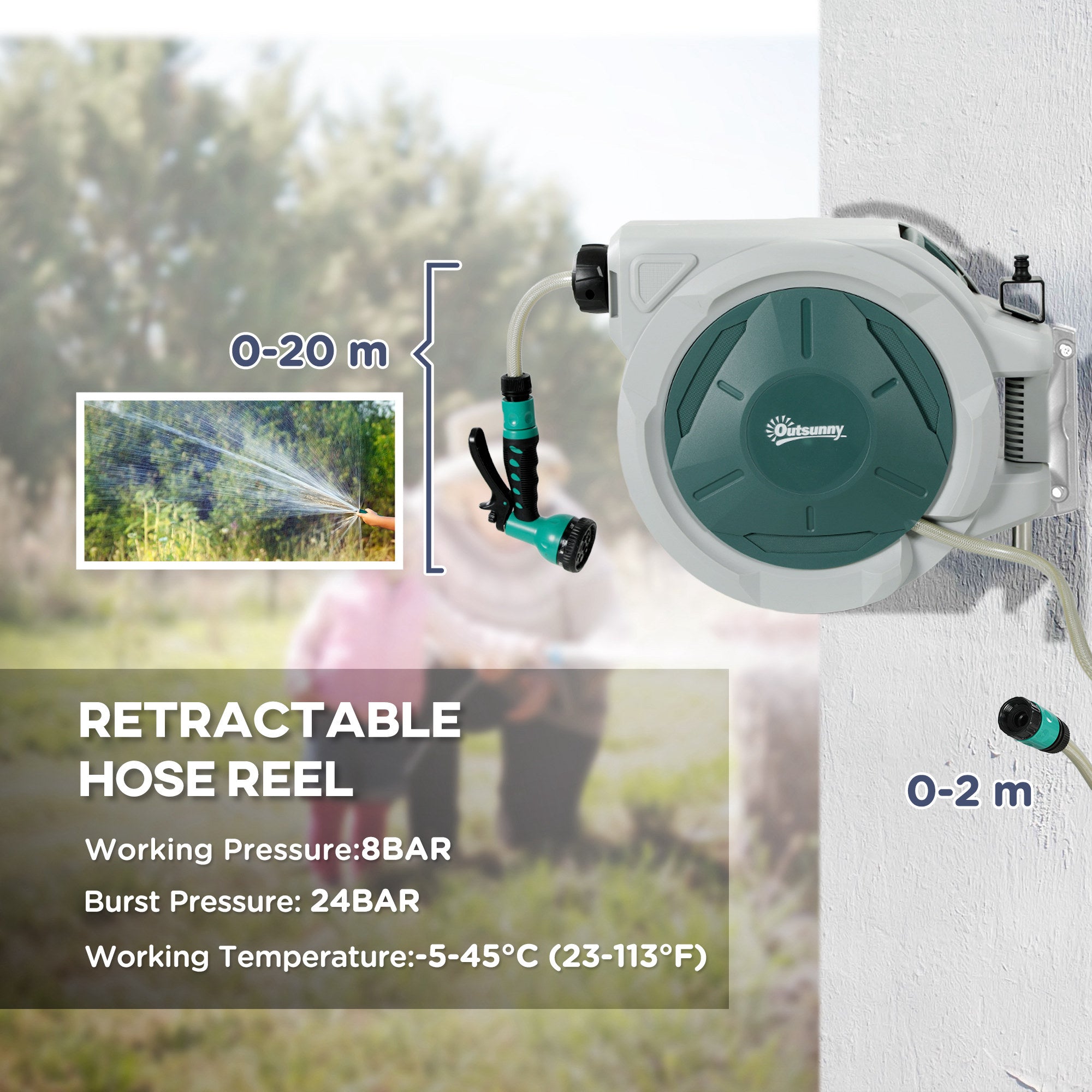 Retractable Hose Reel, Wall Mounted 20+2m Auto Rewind 7-in-1 Nozzle, Green