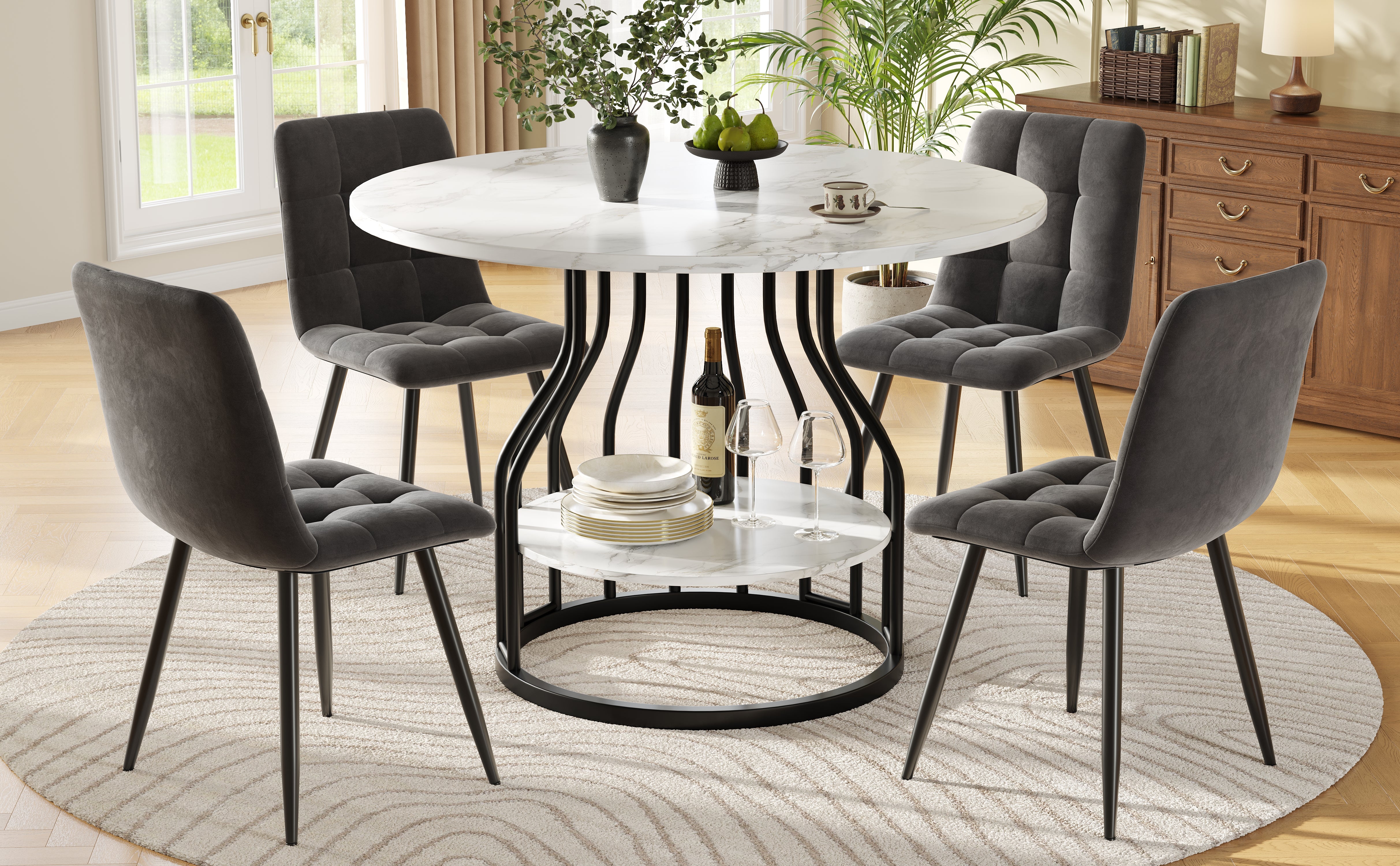 Dining Table Set 5-Piece Round Table 80cm 4 Chairs Velvet Grey