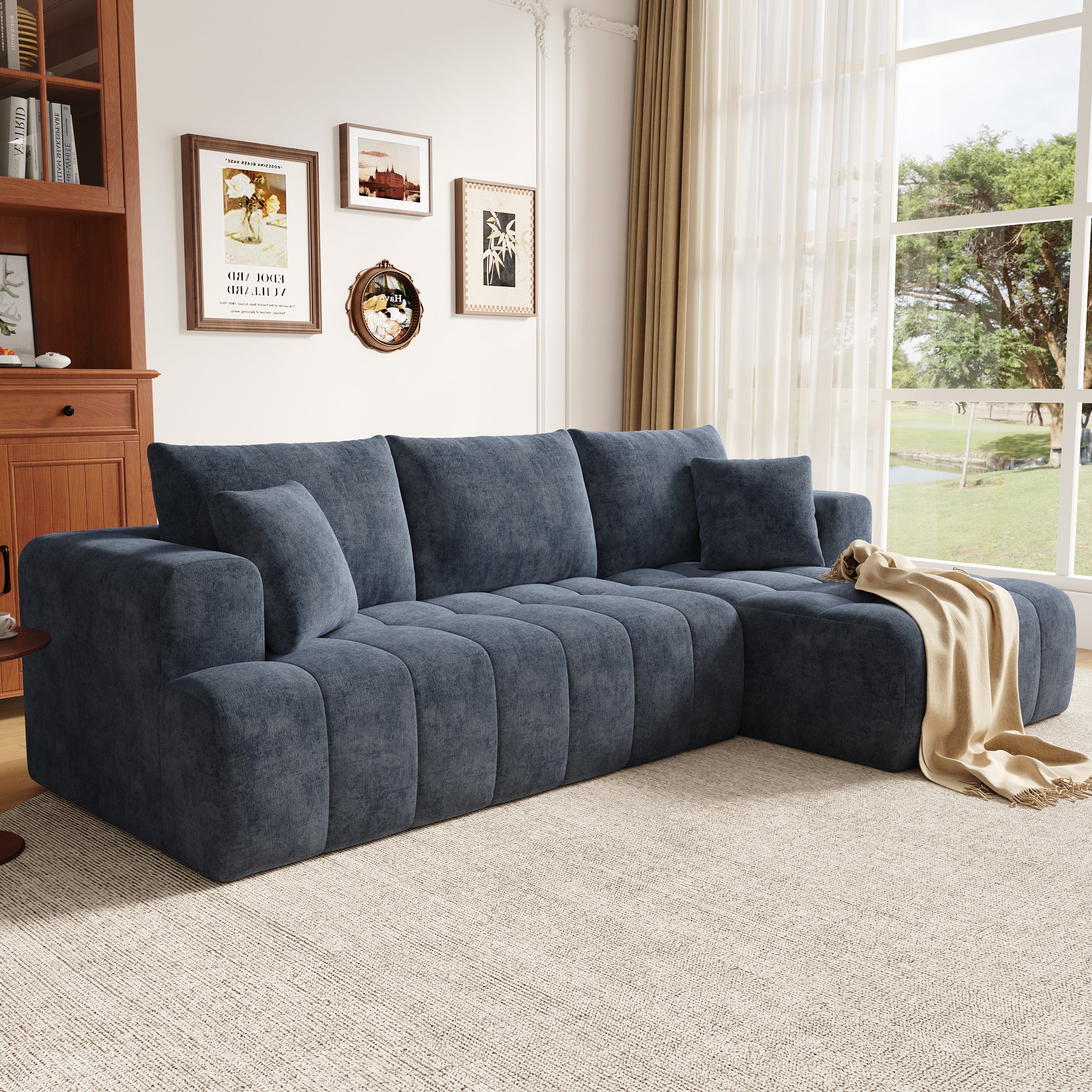 Modular L-shaped Corner Cloud Sofa, Frameless and Freely Combinable, Blue Chenille