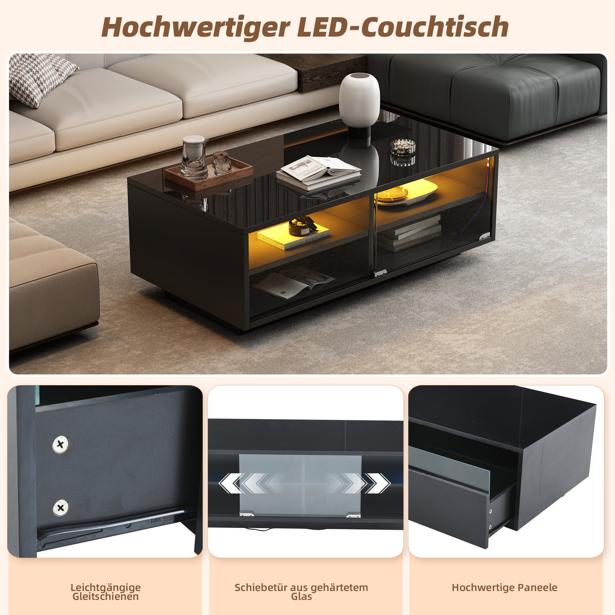 LED Coffee Table with 2 Drawers and Tempered Glass Door, Black High-Gloss