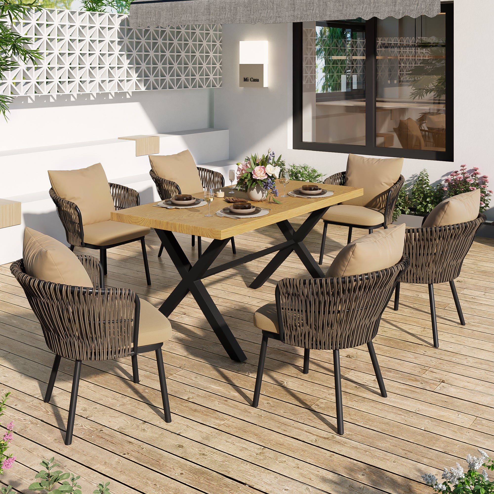 Modern Outdoor Dining Set with Seat Cushions, Rattan and Iron Frame