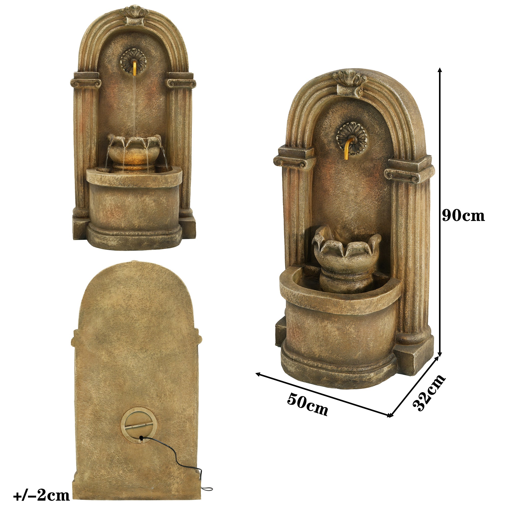 Garden Fountain with 230V Waterfall and Arched Design, Antique Style Metal