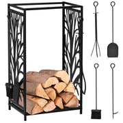Steel Firewood Log Holder Indoor Outdoor Rack with 4 Tools, Black