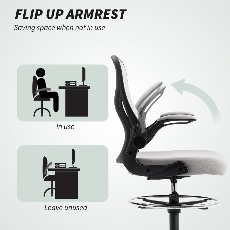 Adjustable Standing Desk Chair, Mesh Flip-up Armrests Lumbar Support Footrest Ring, Grey