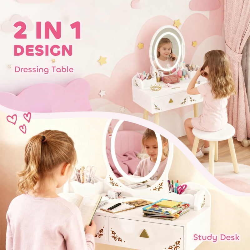 Kids Vanity Table and Chair Set, 3-Colour LED Mirror Drawer Storage, White