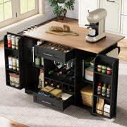 Kitchen Island Cart Folding Worktop Wine Rack Storage - Black
