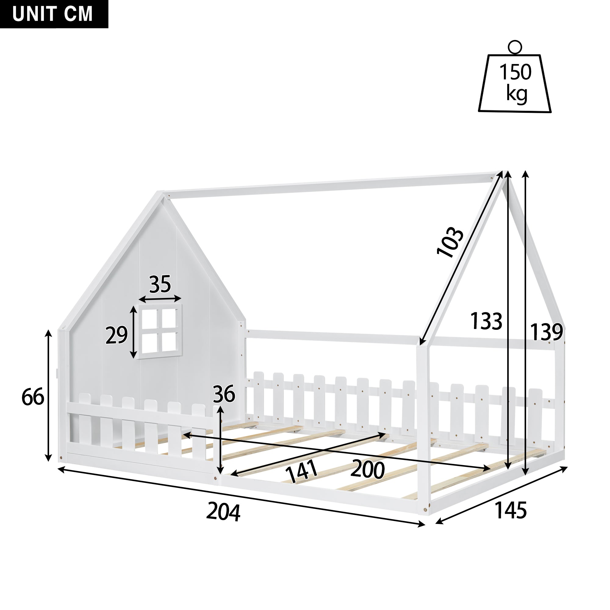 Flatbed Children's Bed with House Rail & Railing, 140x200cm Pine Wood White