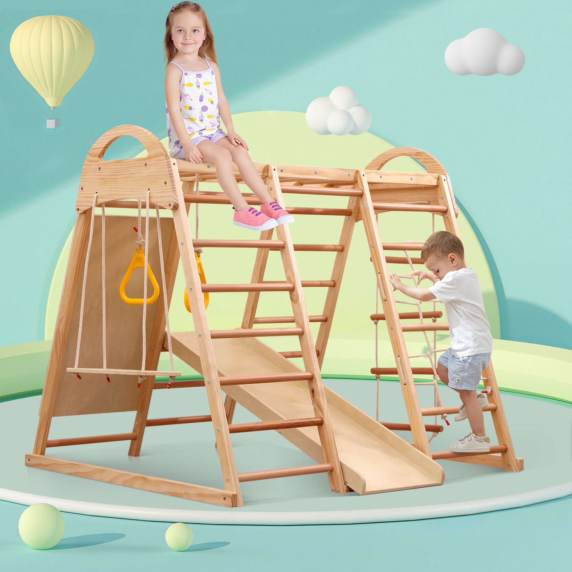 7-in-1 multifunctional climbing frame, solid wood plywood and beechwood