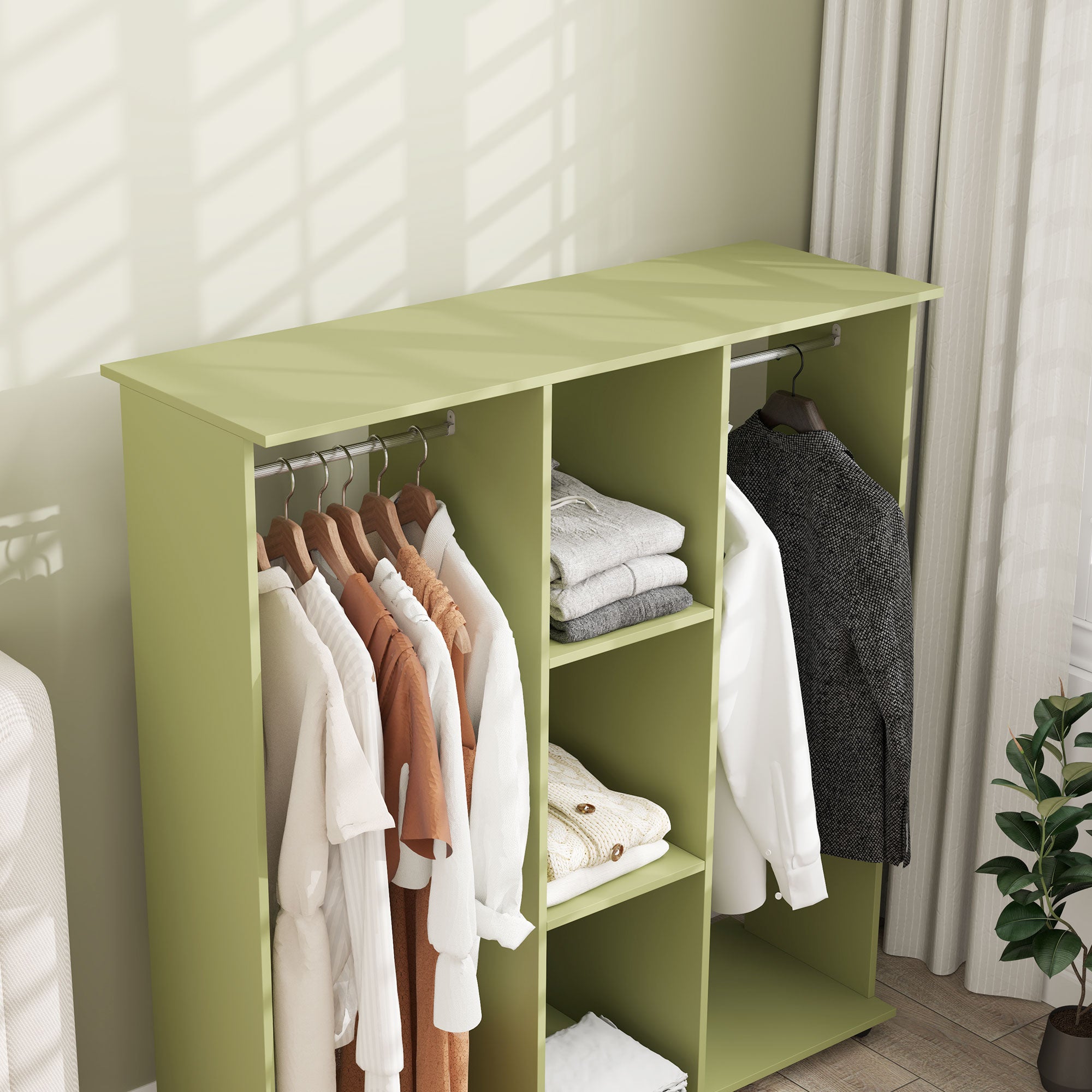 Open Wardrobe Double Storage Shelves Organizer W/6 Wheels Green