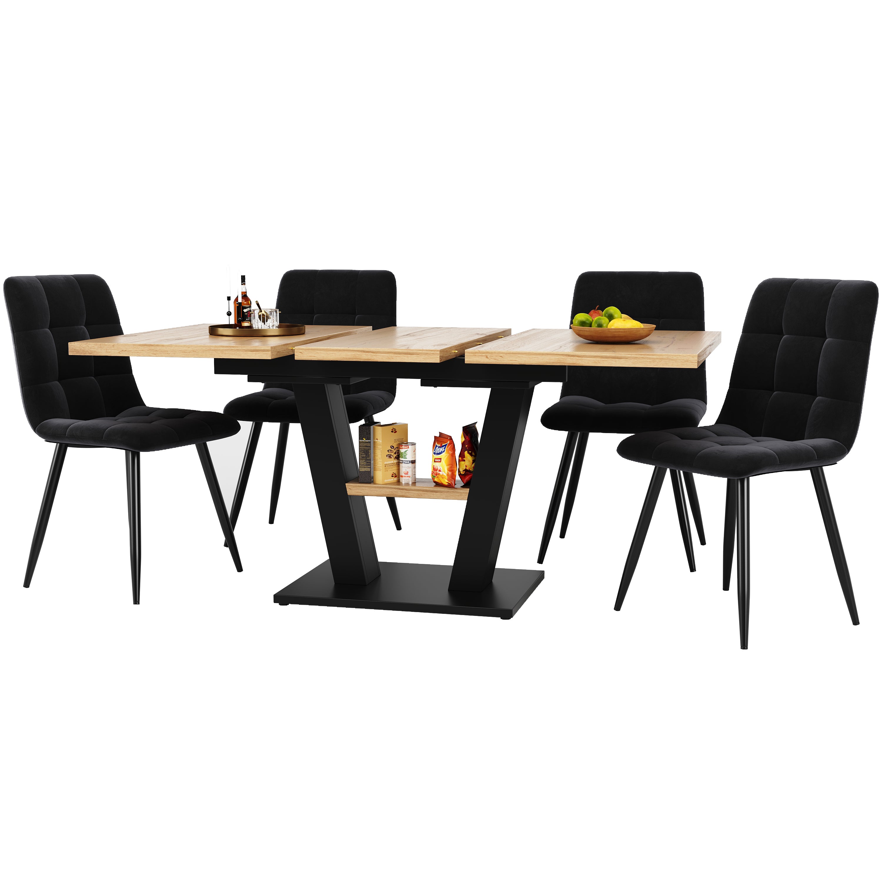 Dining Table Set, 5-Piece Extendable 118–157x70cm V-Legs, Velvet