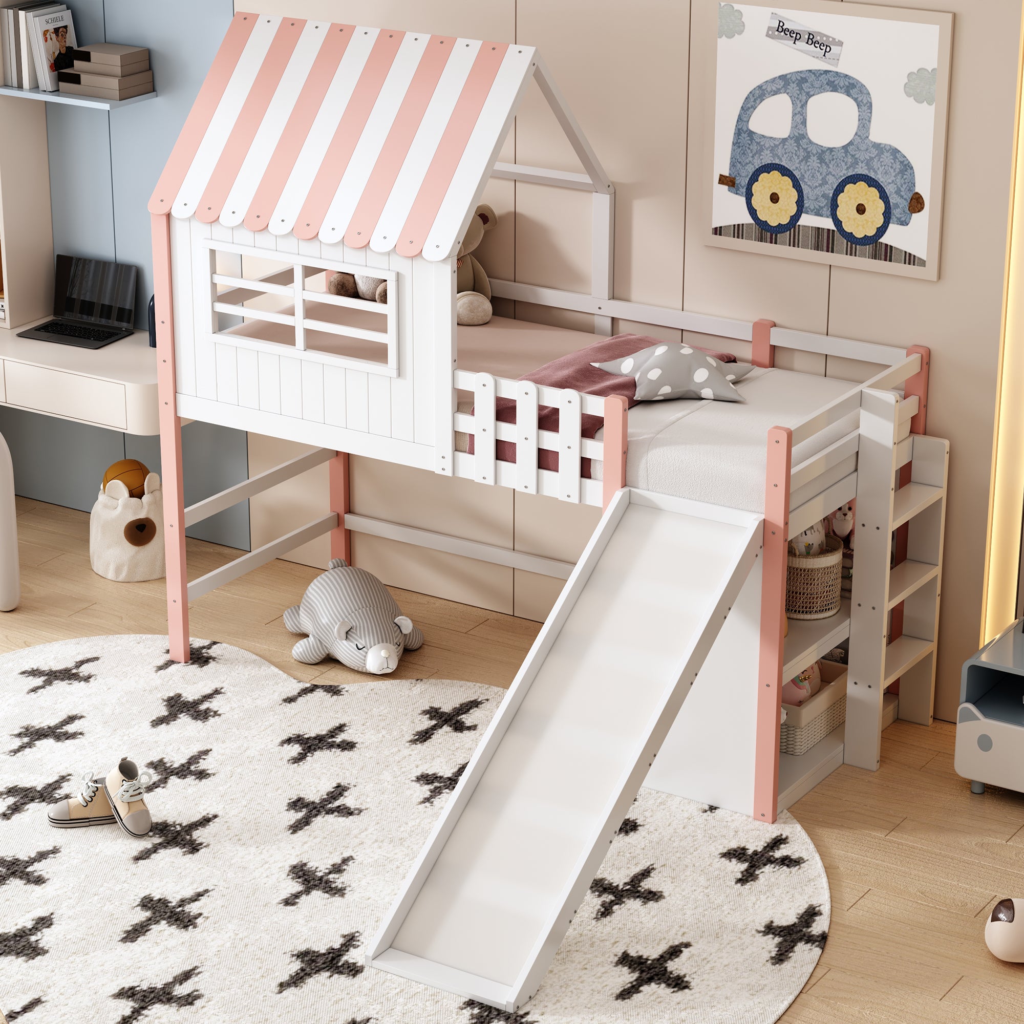 Children's Bed, Attic Design with Safety Ladder & Slide, Multi-Level Storage, Solid Wood, Pink