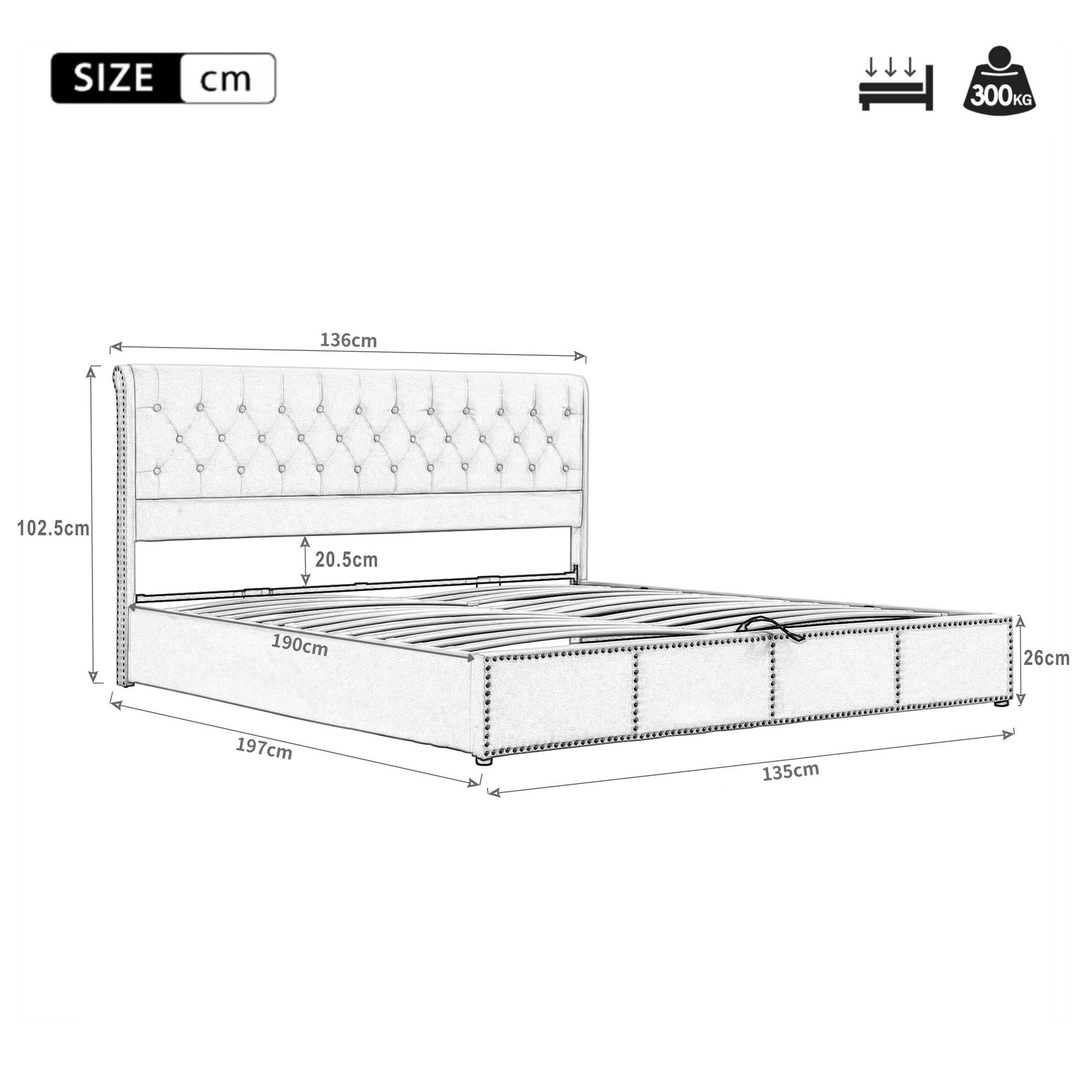Upholstered Bed, 4ft6 Double (135x190cm) with Hydraulic Lever, Functional Storage, and Rivet Decoration, Light Grey Linen