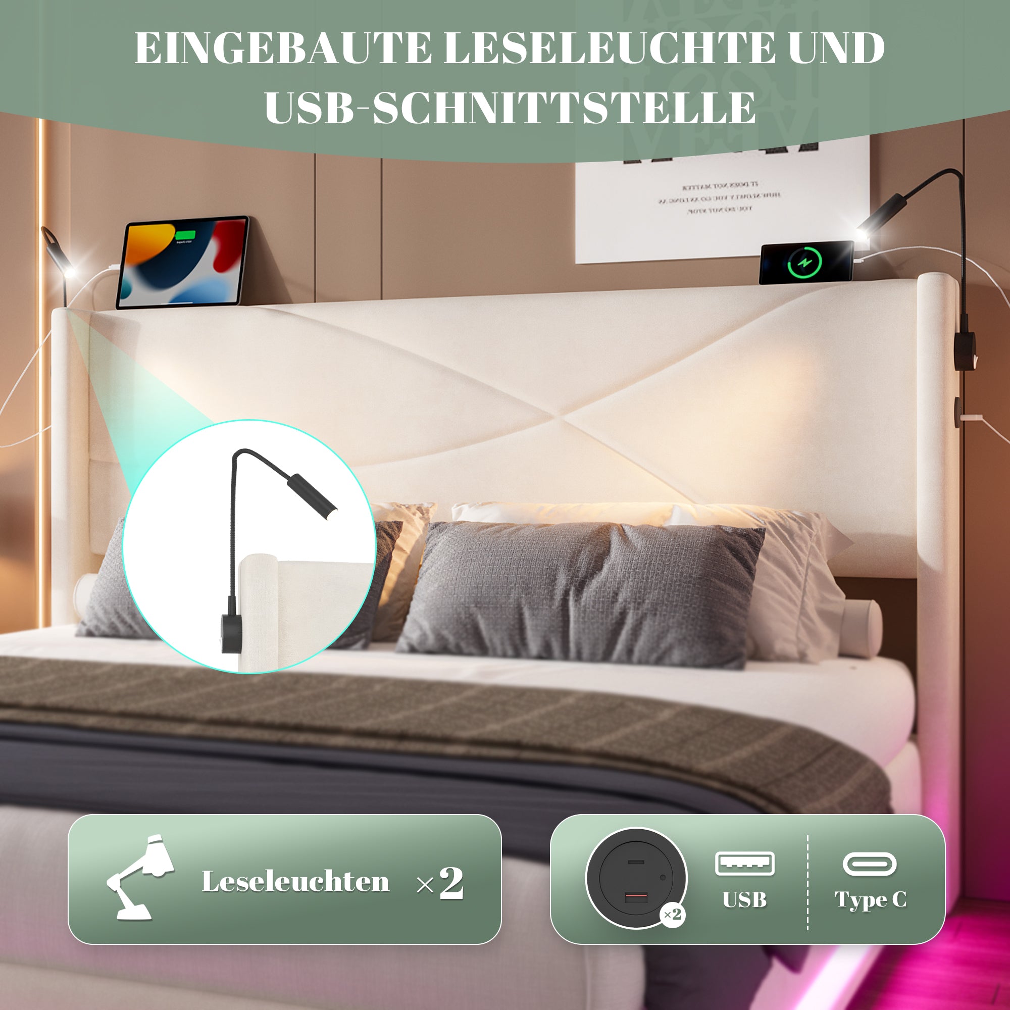 Bed Frame, Modern with Reading Lights, LED, Hydraulic Storage, USB Ports, 140x200cm