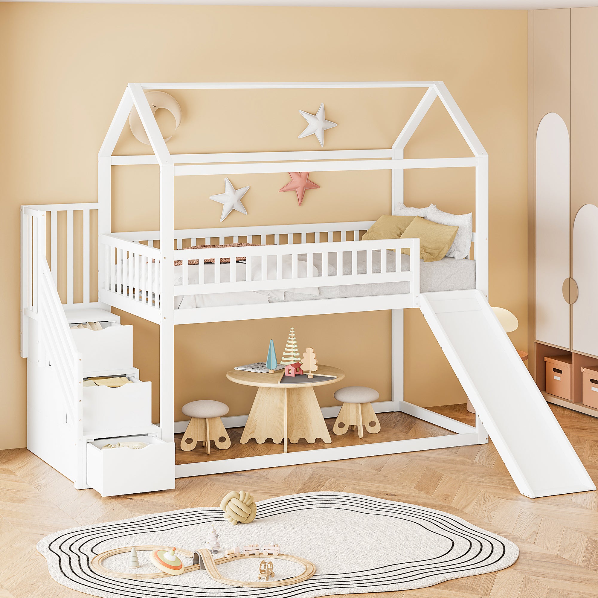 Children's Bunk Bed 90x200 cm, Loft with Slide & Storage Ladder, Solid Wood, White