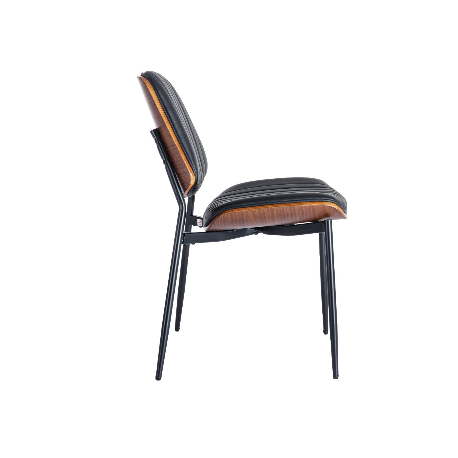 Dining Chairs Set of 2 Mid-Century Modern Retro Walnut Bentwood Back Upholstered Seat Metal Legs - Black Faux Leather