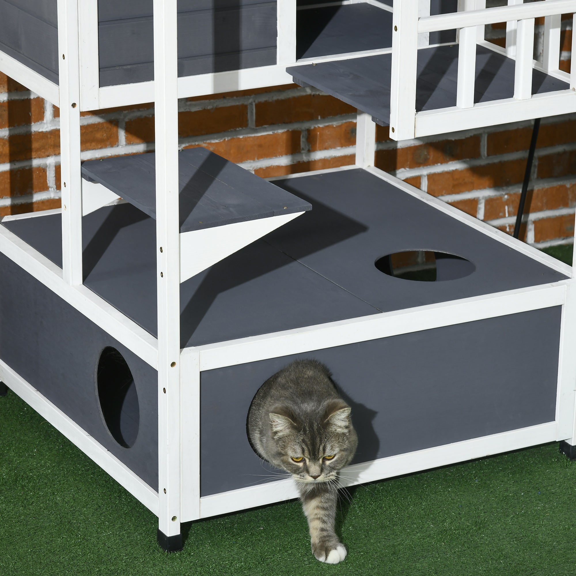 Cat House, 4-Story Balcony Stairs, Solid Wood, Gray