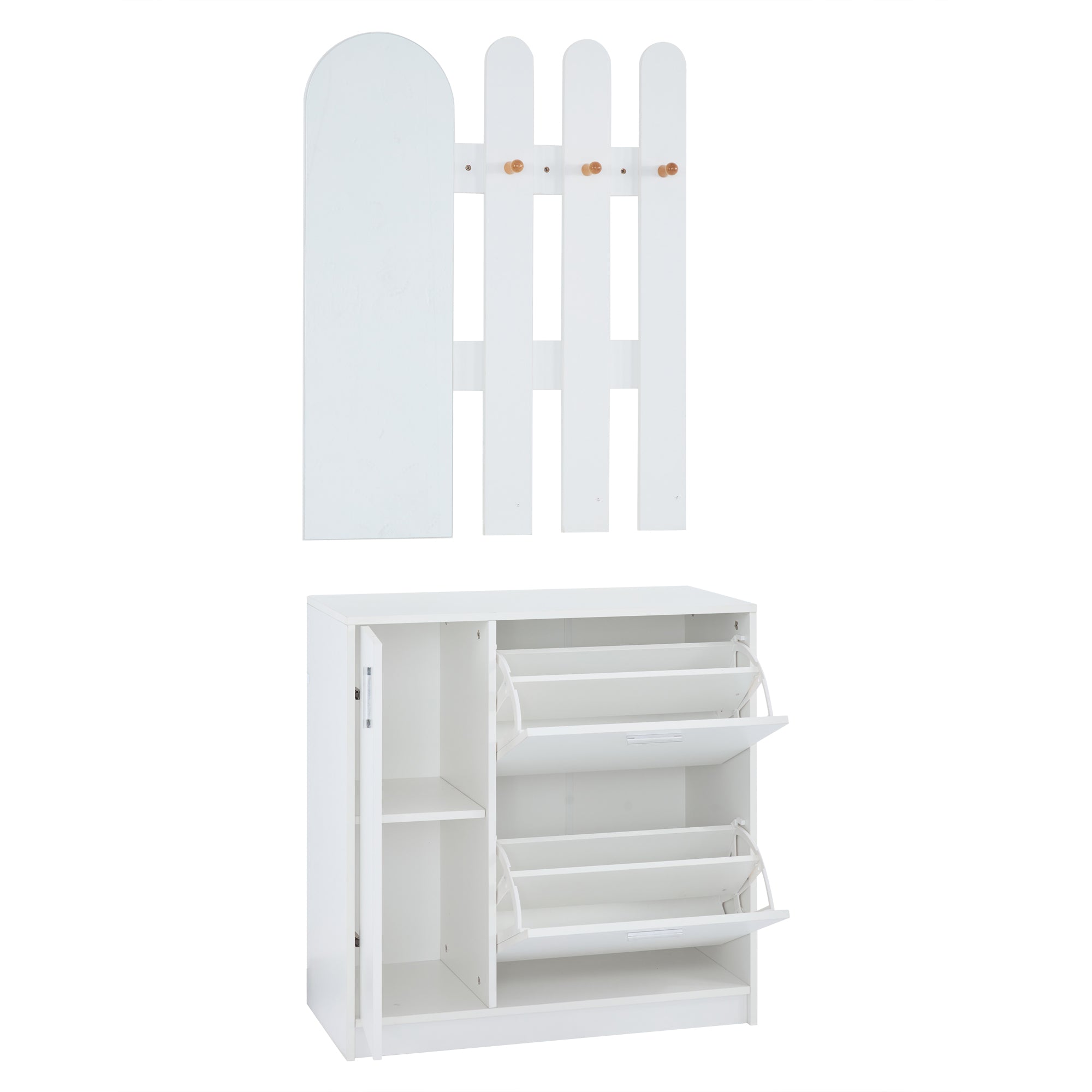 Shoe Cabinet, Folding Doors with Mirror & Hooks, White
