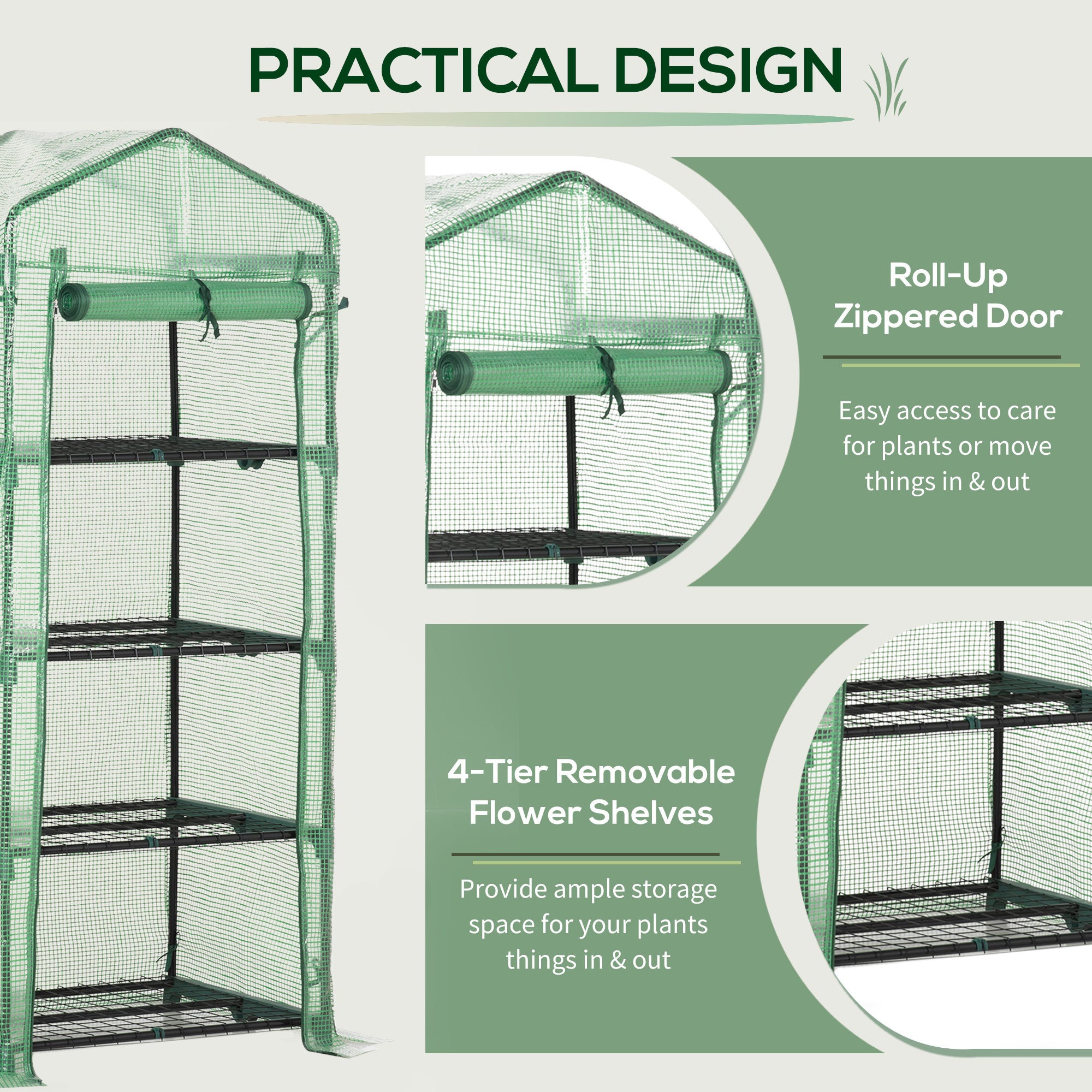 4 Tier Mini Greenhouse, Portable Steel Frame Roll-up Door PE Cover, Green