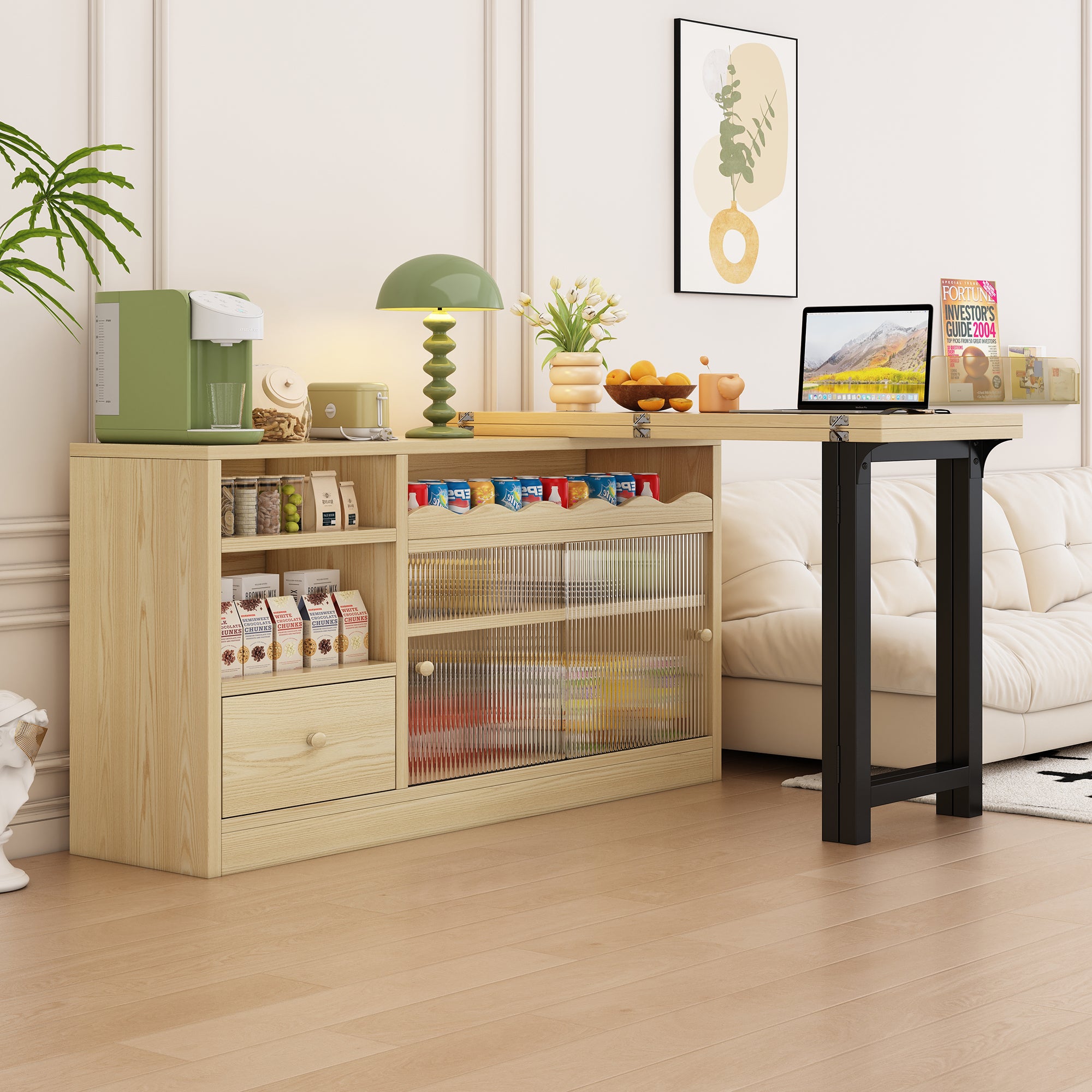 Extendable Folding Dining Table with Storage & 360° Rotation - Natural/Black