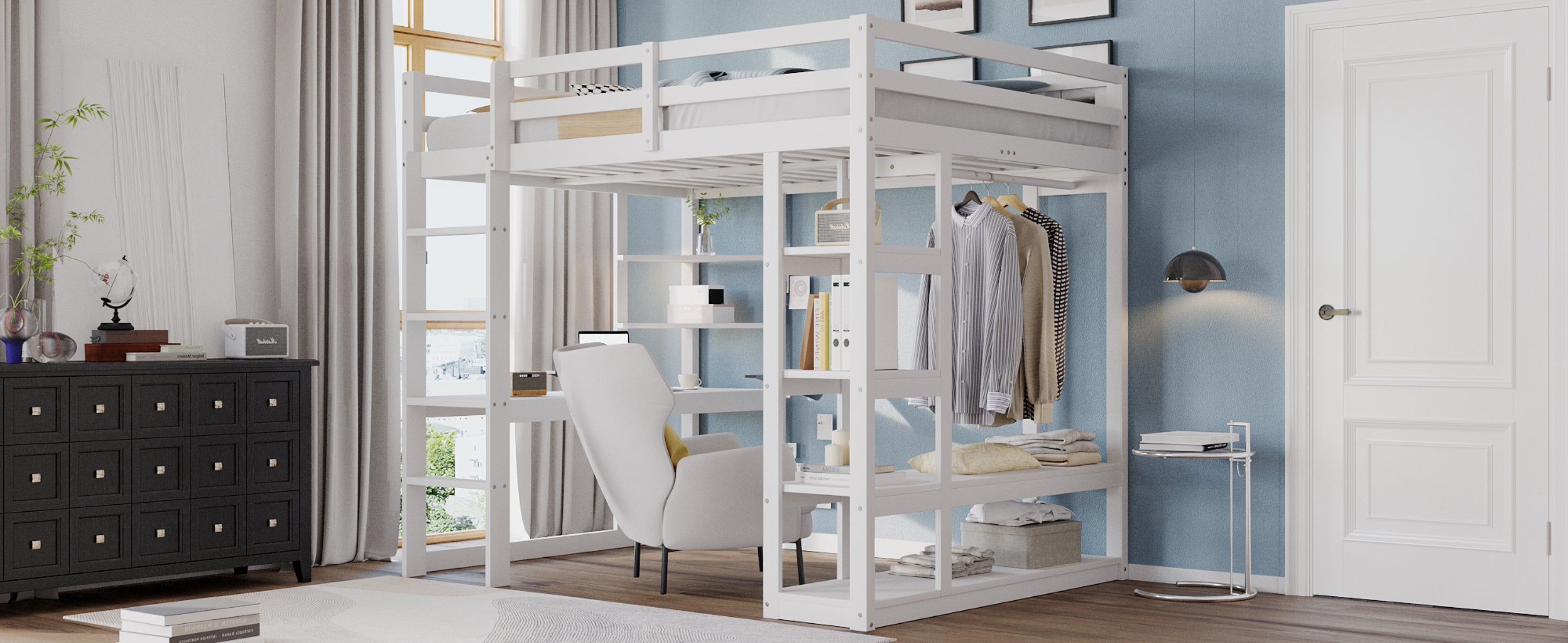 Loft Bed with Ladder, 140x200cm, Table, Shelves, Solid Wood White