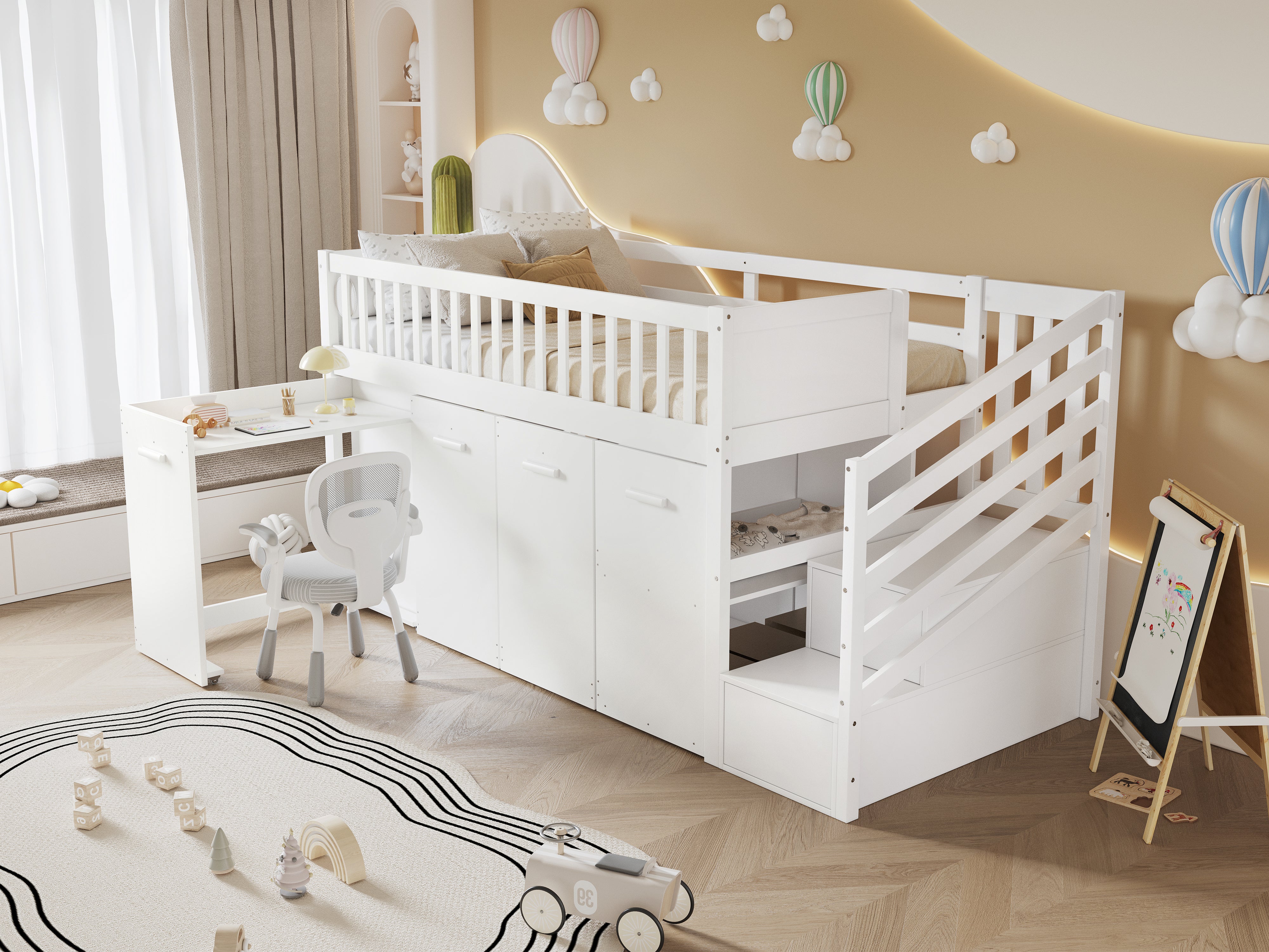 Bunk Bed, Multifunctional Children's with Desk, Wardrobe, Lockers, Pine + MDF White