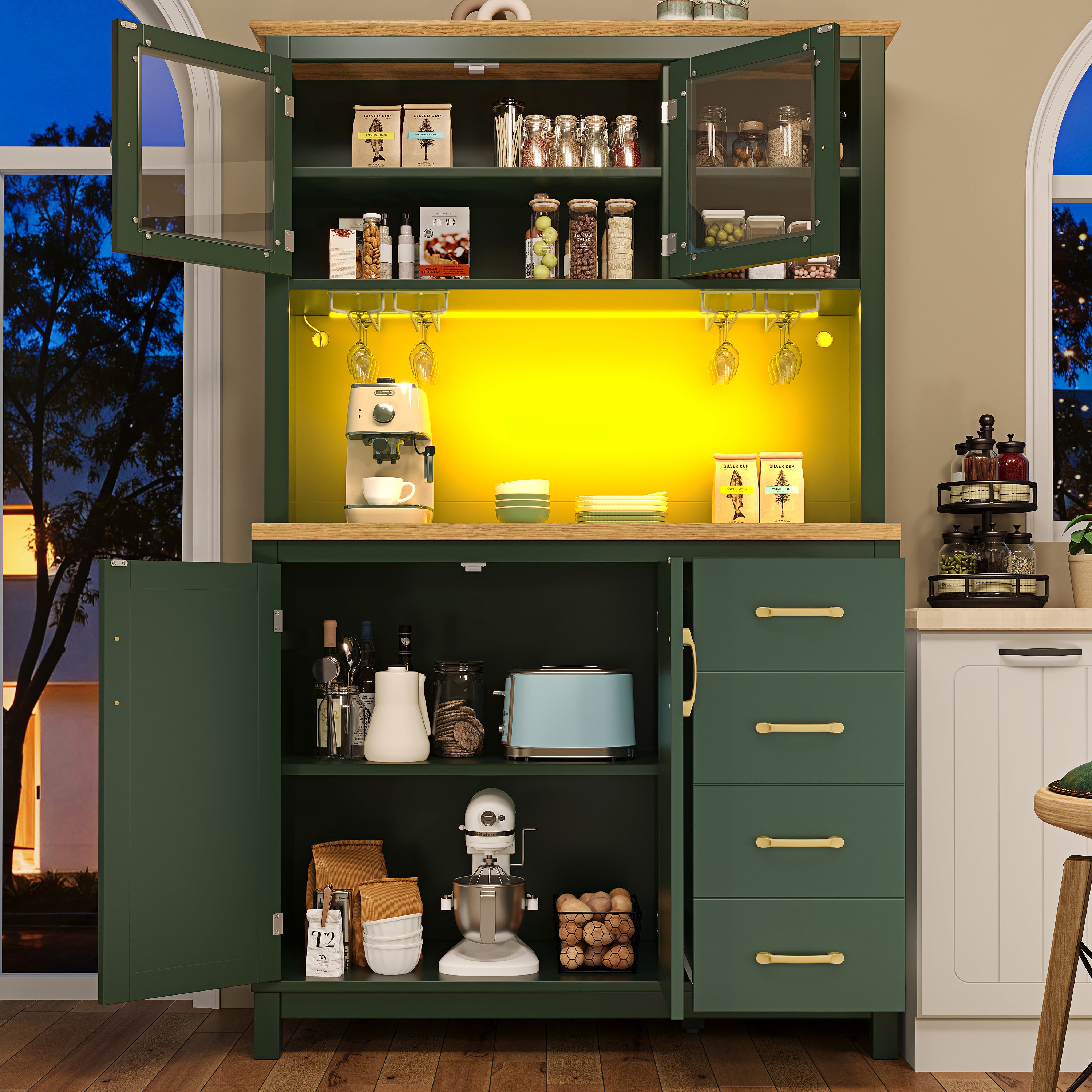 Buffet Cabinet with LED Light Strip and Drink Holders, Green, Black and White