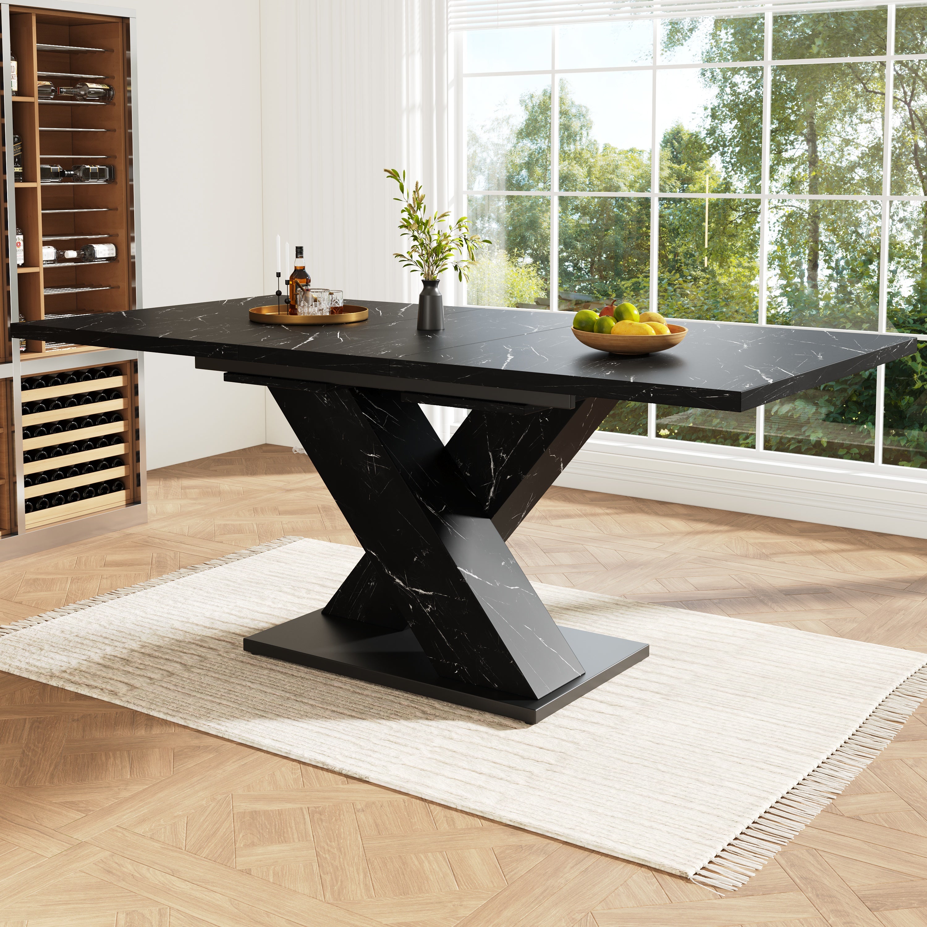 Extendable Dining Table with X-Design for 4-6 People, Black Marble Look