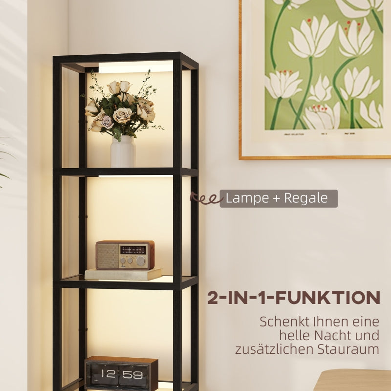 LED Floor Lamp, 4-tier Shelf with Glass Compartments, Foot Switch, Black MDF