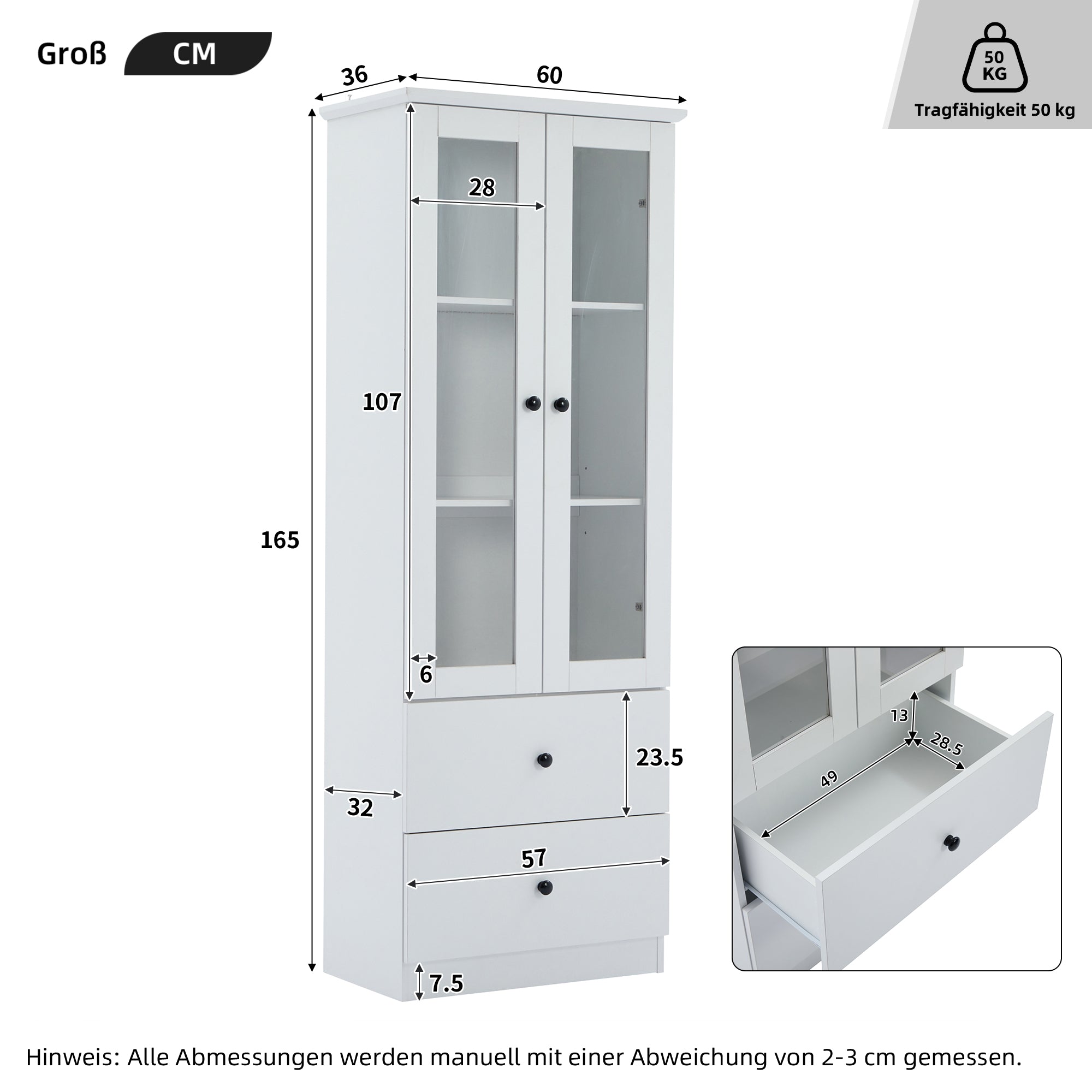 Modern LED Display Cabinet, 165cm, USB Port, 2 Drawers, Hinged Doors, Matte White MDF