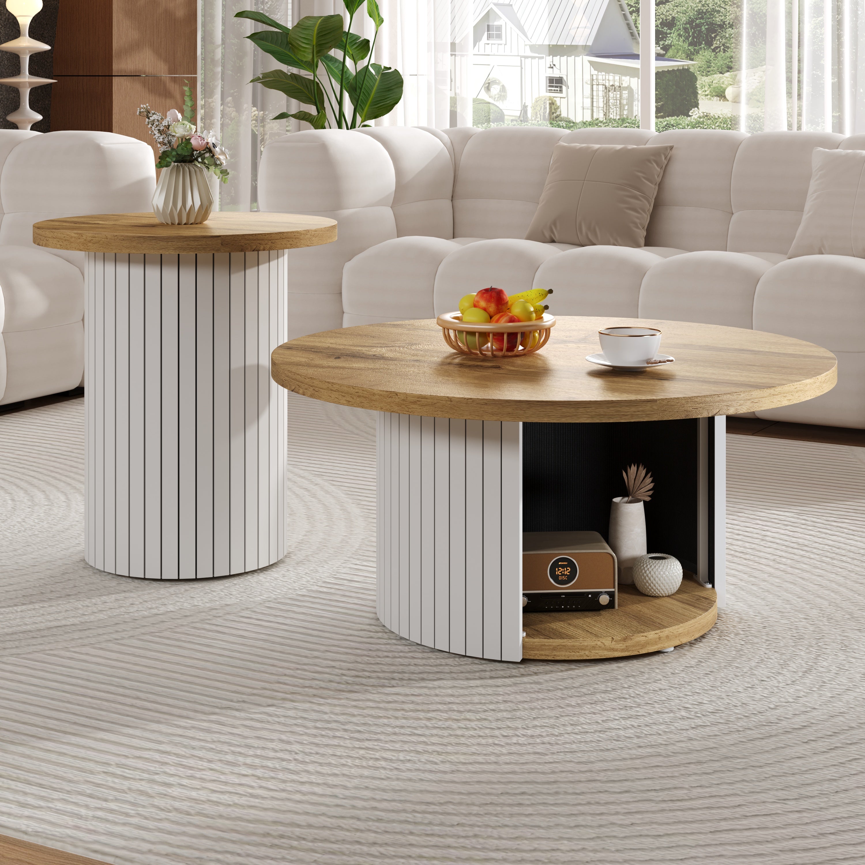 Coffee Table Double Round Multifunctional Natural Wood Slats