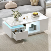 Coffee Table 100x50x36cm High-Gloss LED Side Table with Drawer and Storage White