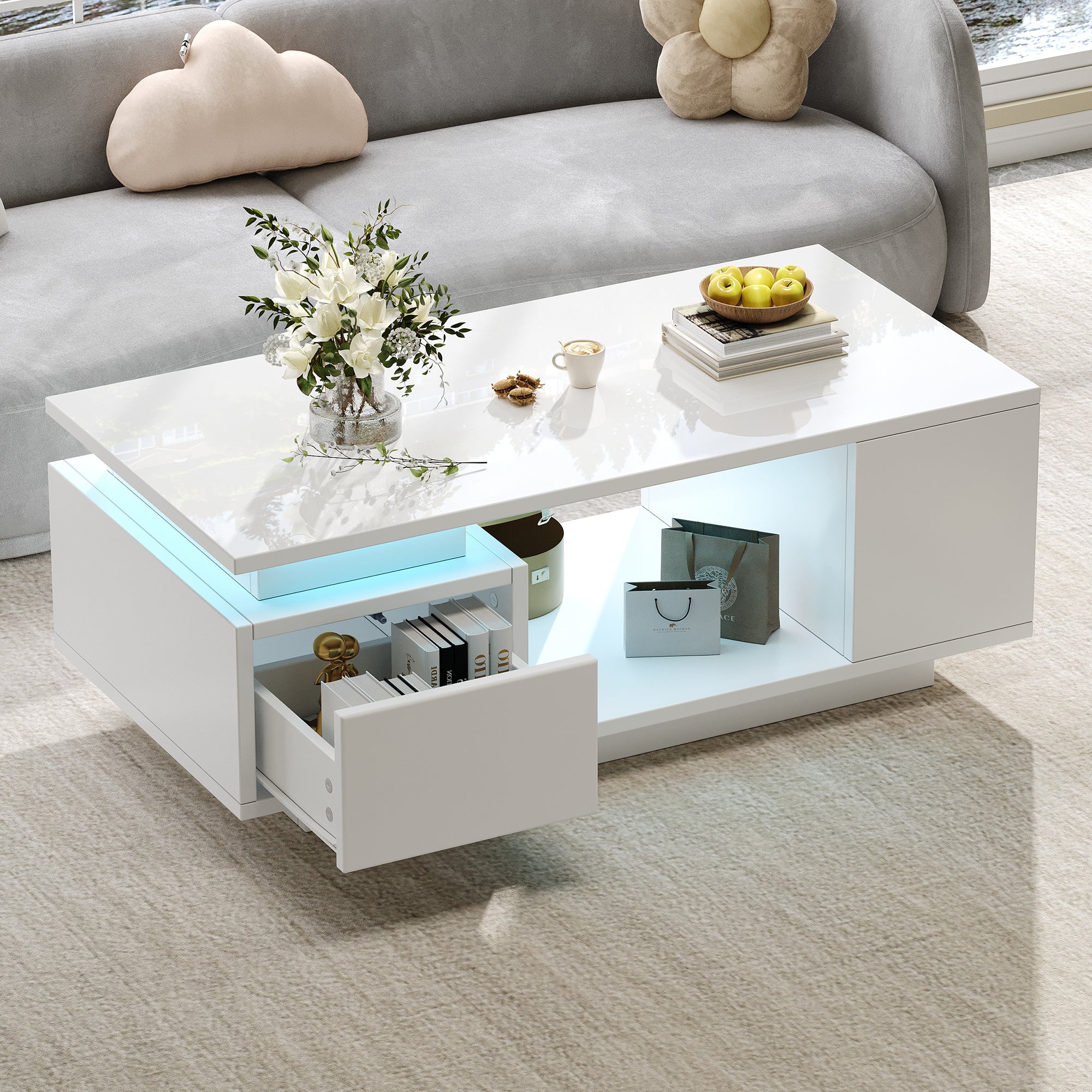 Coffee Table 100x50x36cm High-Gloss LED Side Table with Drawer and Storage White