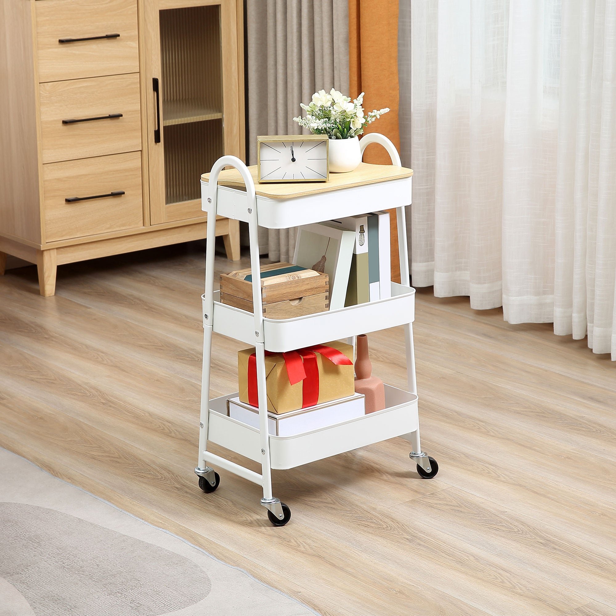 Kitchen Trolley 3-Tier Rolling Cart, Metal Steel White