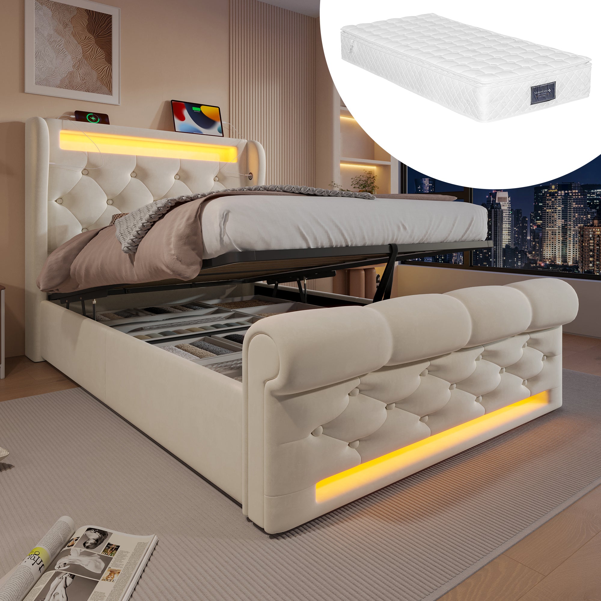 Upholstered Single Bed 90x200cm LED Headboard USB Type-C Hydraulic Storage, Beige Velvet