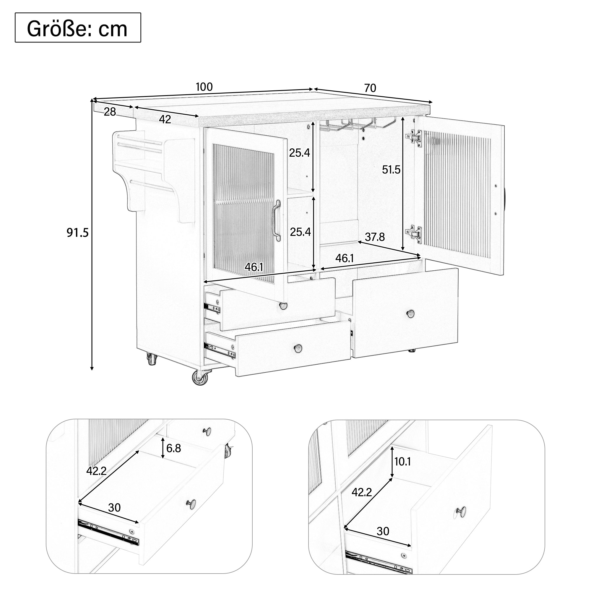Mobile Kitchen Island Extendable Table Wheels Wine Glass Holder Storage - White