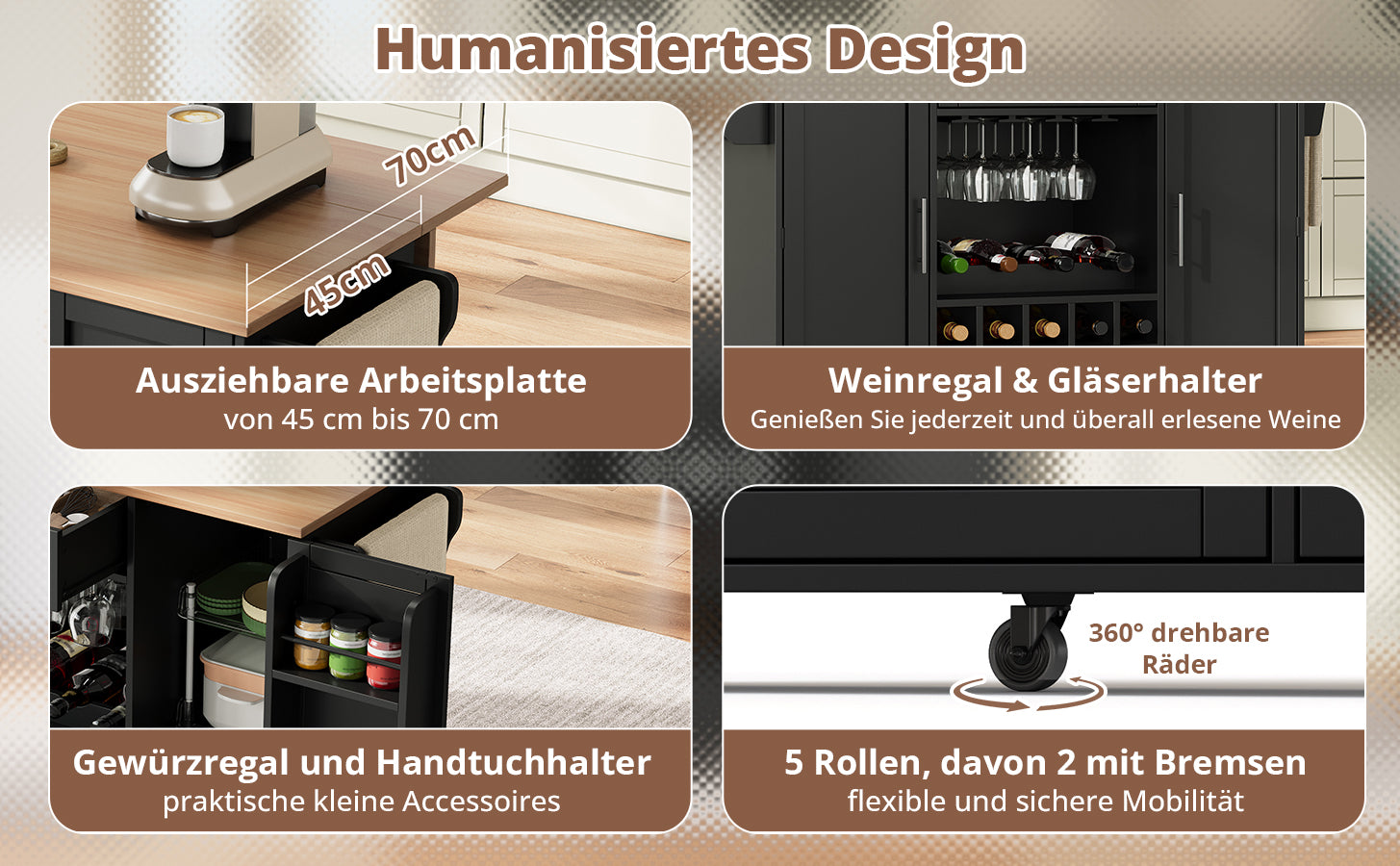 Kitchen Island Cart Folding Worktop Wine Rack Storage - Black