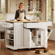 Kitchen Island with Wheels Waste Bin Storage 2 Doors 3 Drawers