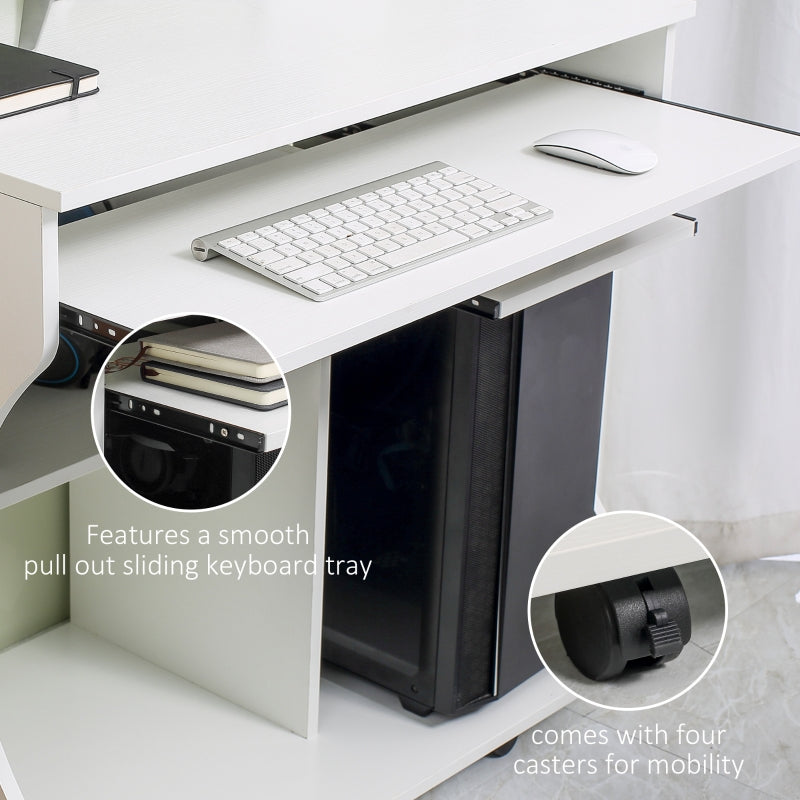 Multi-Storage Compact Work Desk with Wheels, White