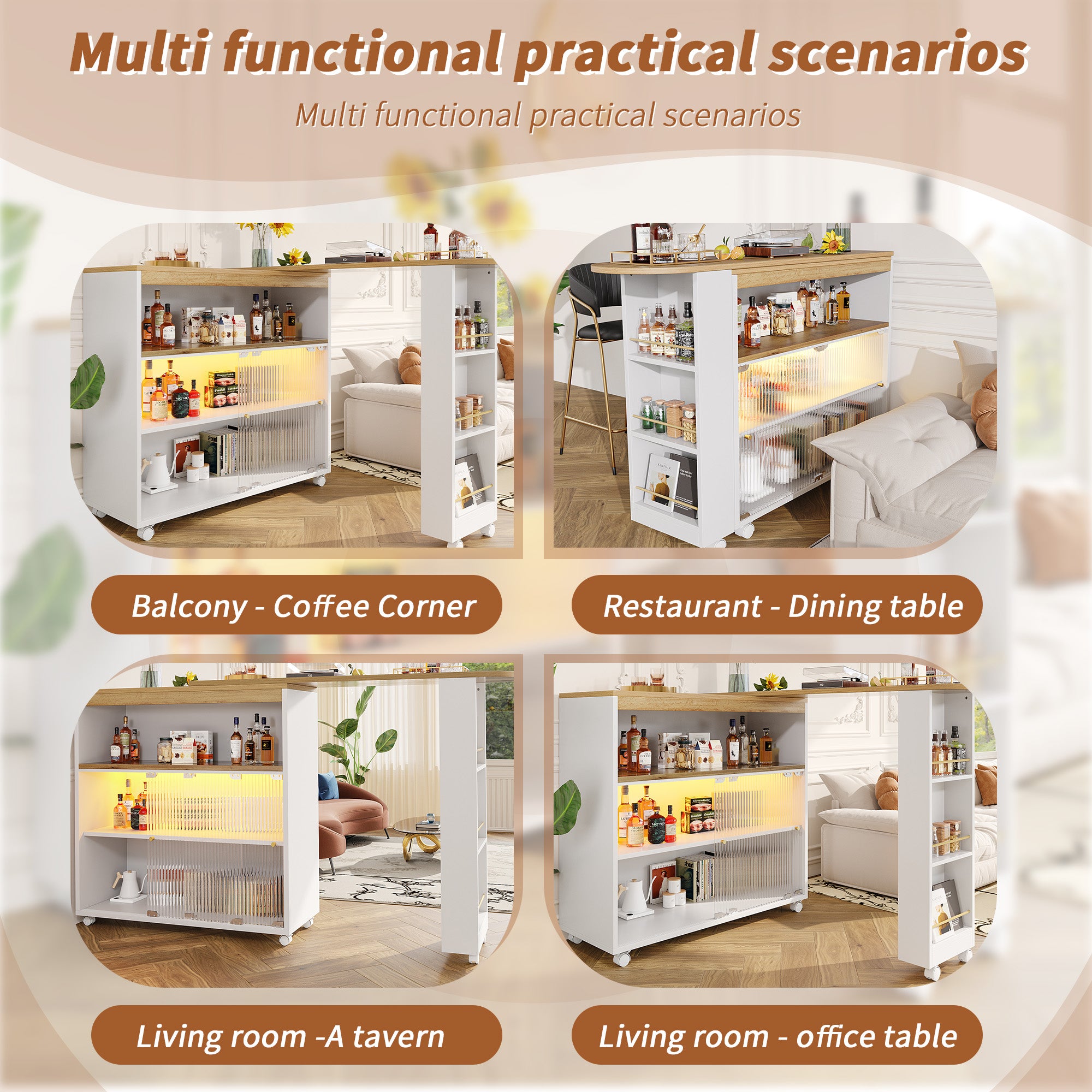 Extendable Bar Table, Movable Telescopic with LED, White