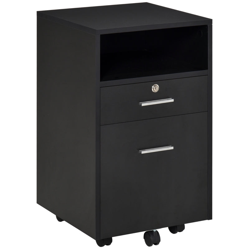 Lockable Two-Drawer Filing Cabinet with Wheels, Black Engineered Wood