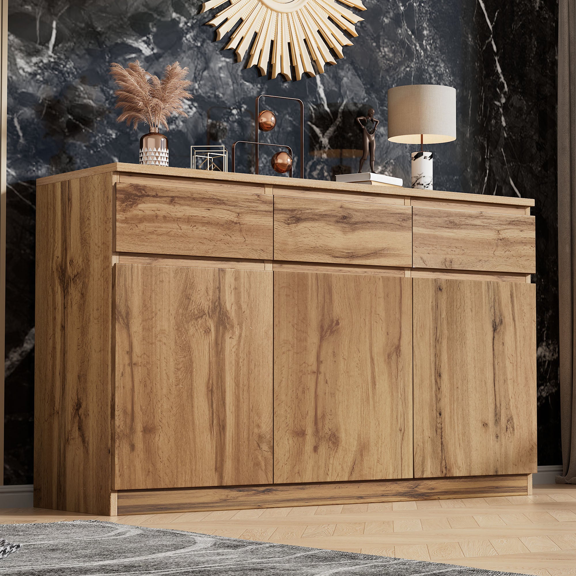 Multifunctional Sideboard, 3 Doors 3 Drawers Cabinet, Authentic Wood Look