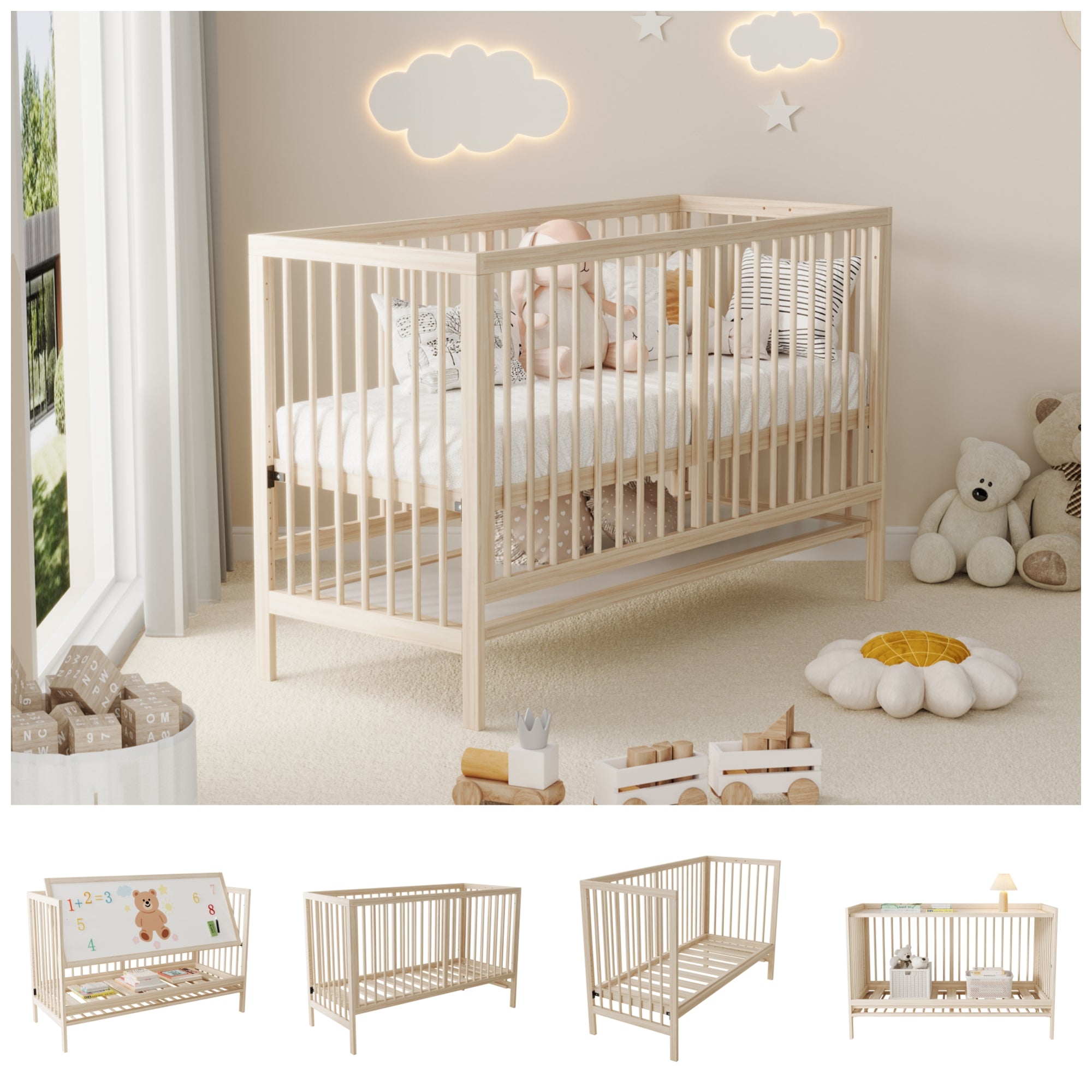 Children's Combination Furniture: Multifunctional Baby Bed, Wardrobe & Rotating Bookcase, Natural Colors