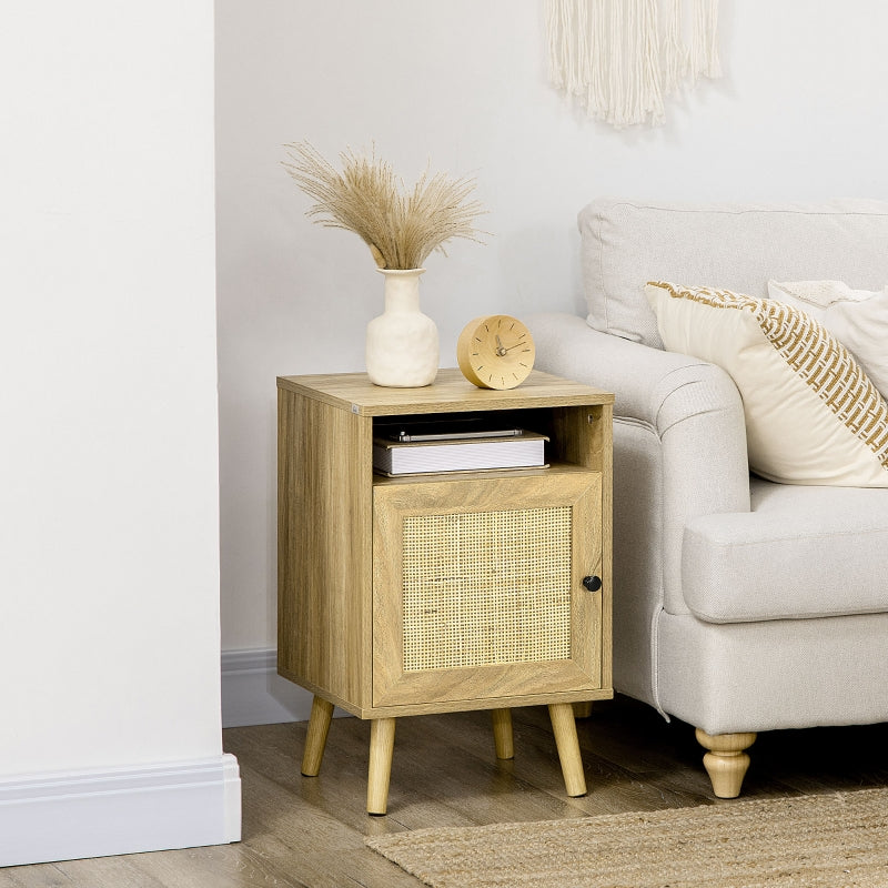 Bedside Table with Shelf and Cupboard, Rattan Element, Natural
