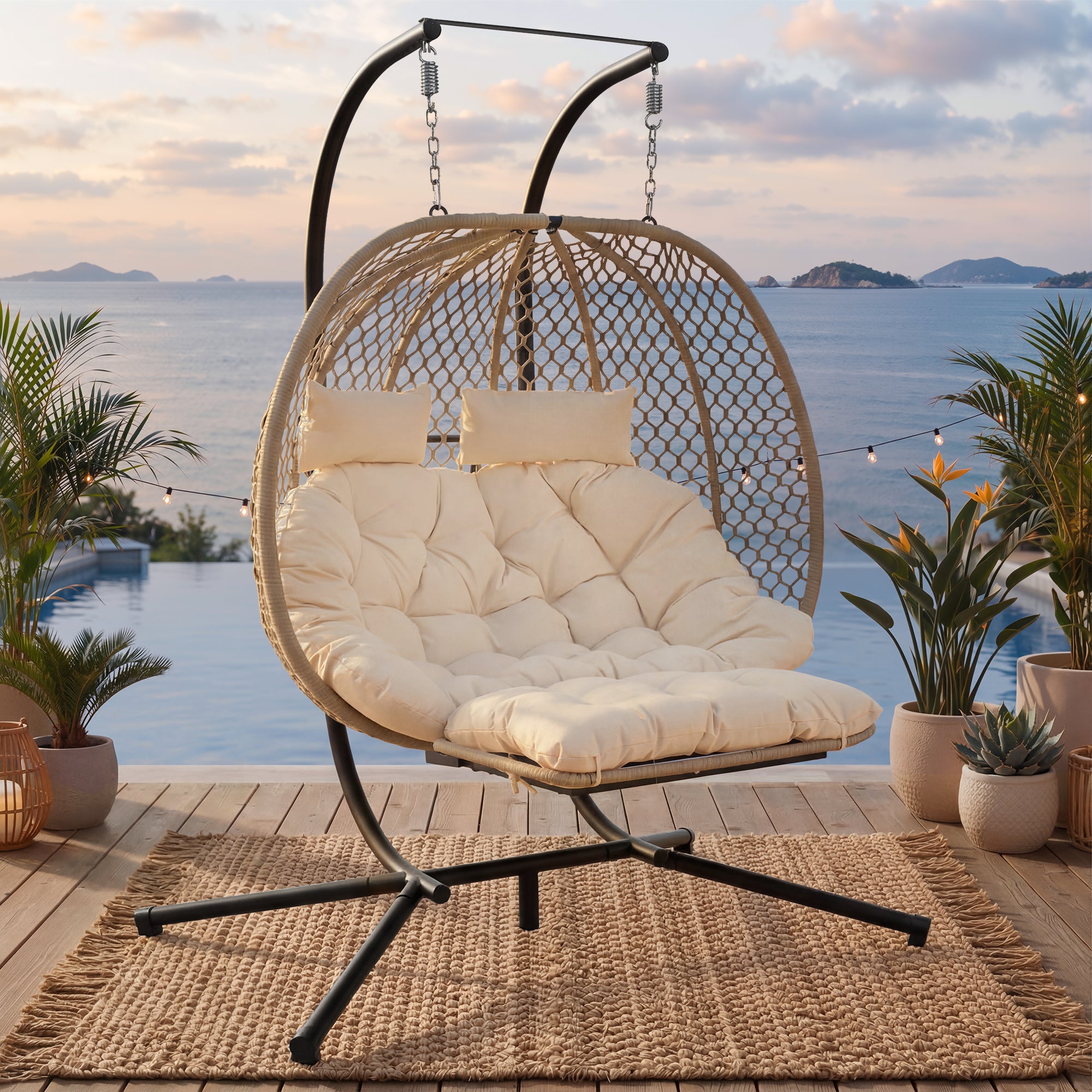 Double Hanging Egg Chair with Stand, Seat Cushion and Footrest, Outdoor/Indoor, Metal and Rattan