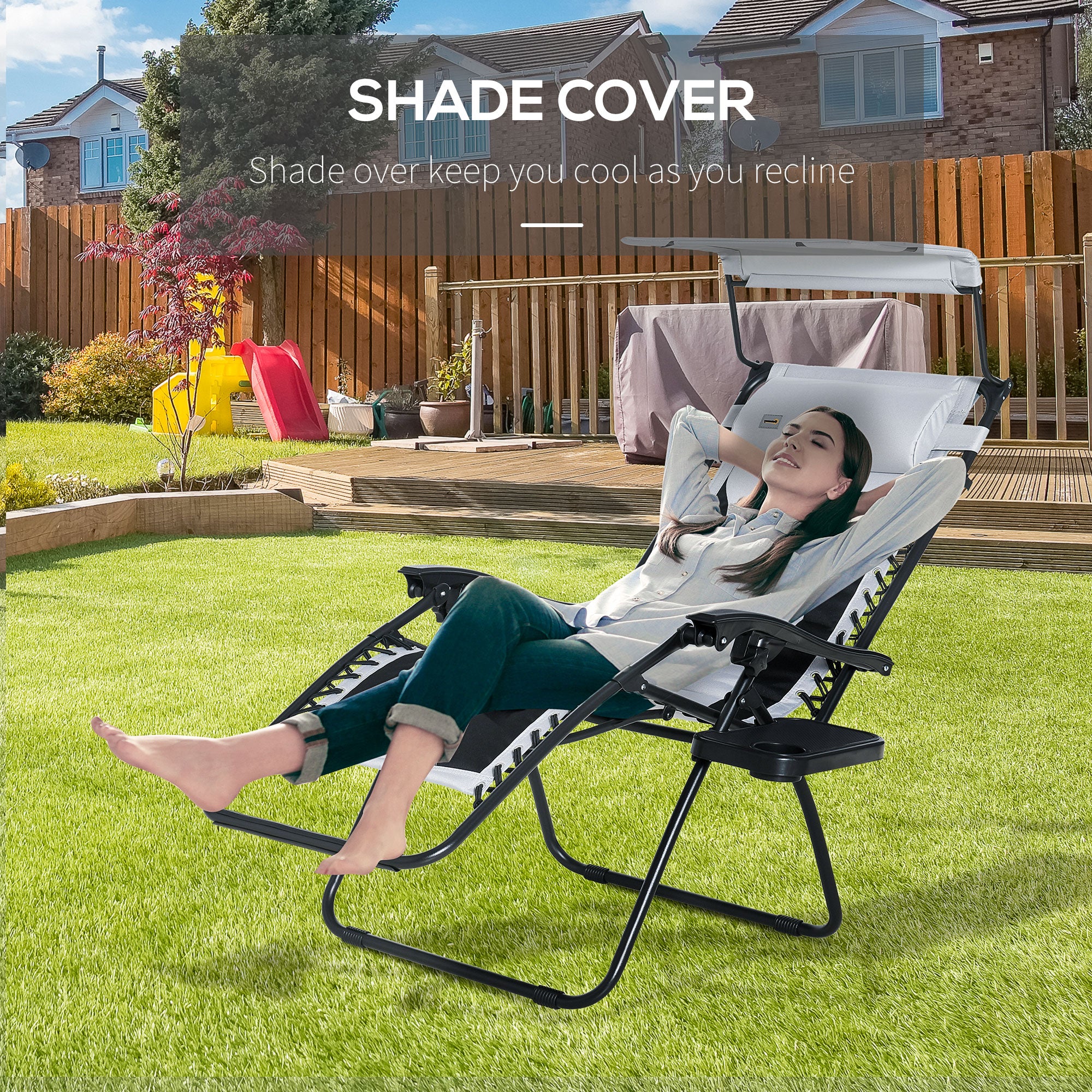 Zero Gravity Lounger Chair, Folding Reclining with Shade Cover & Cup Holder, Grey