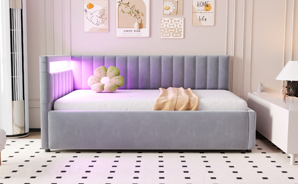 Upholstered Sofa Bed 90x200 with LED Lighting & Hydraulic Storage, Light Grey Velvet