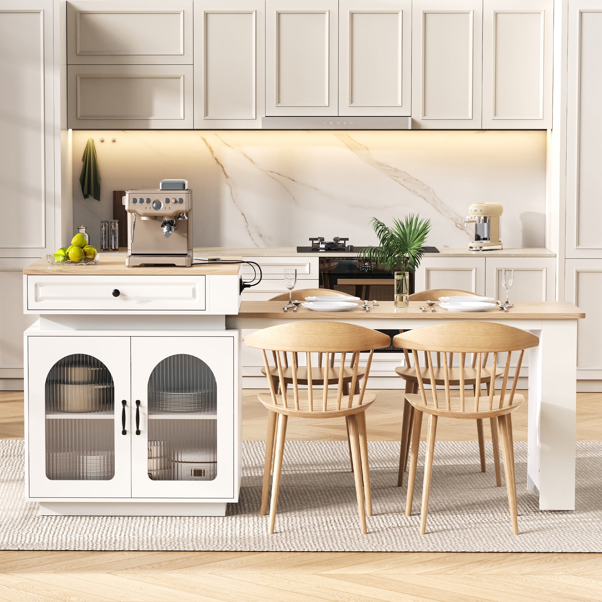 Kitchen Island Extendable Dining Bar Table with Wheels LED Lighting White