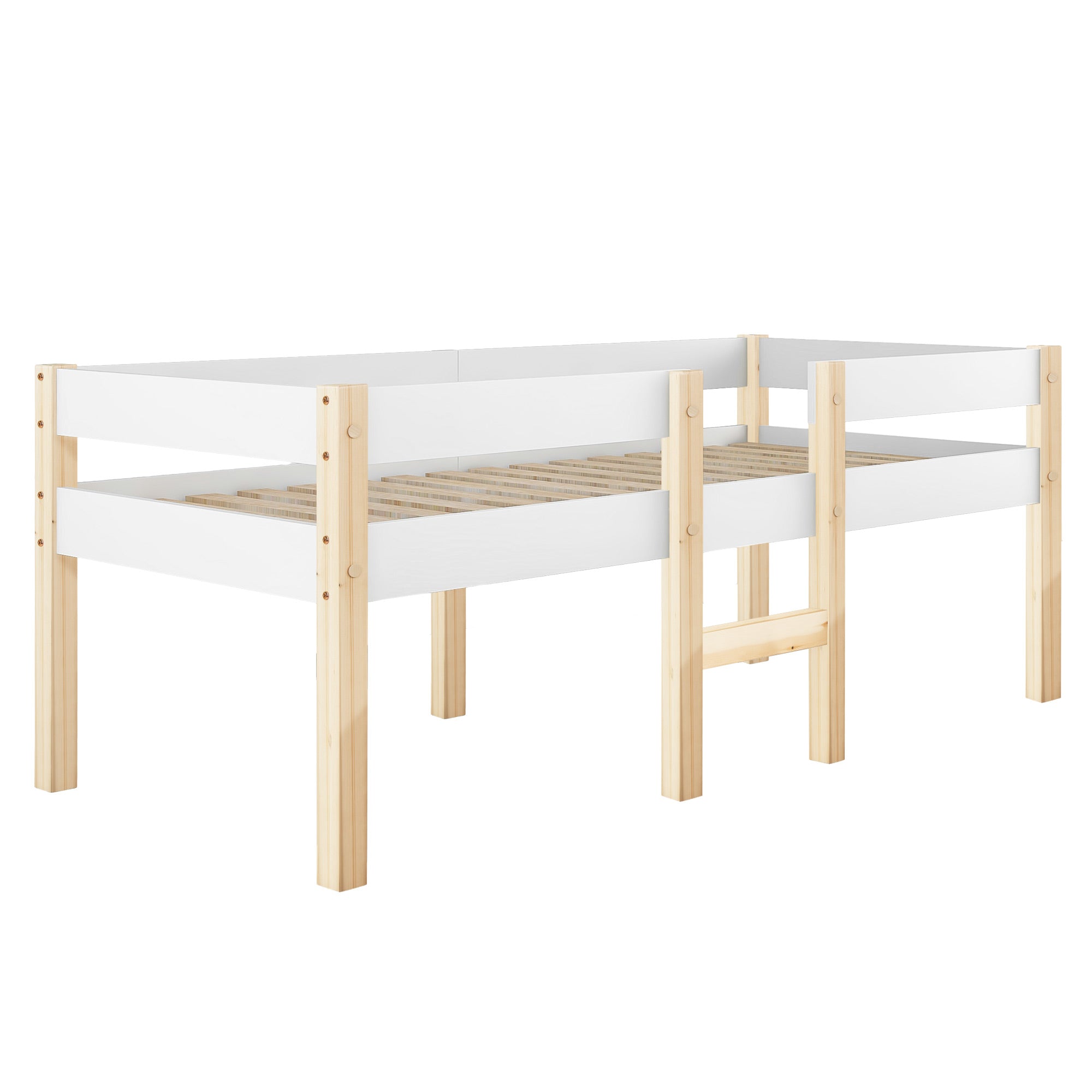 Children's bed with fall protection, 90x200 cm, solid pine wood, white & oak