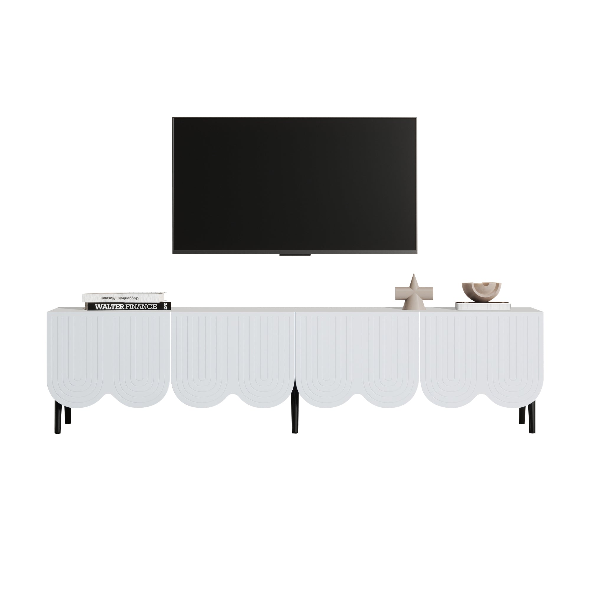 Modern TV cabinet for TVs up to 80 inches with two doors and cable management in white